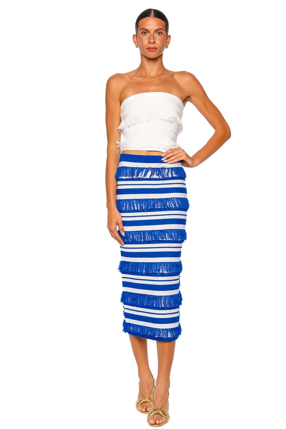 SIMKHAI Lula Royal Blue Stripe Knit Fringe Midi Skirt