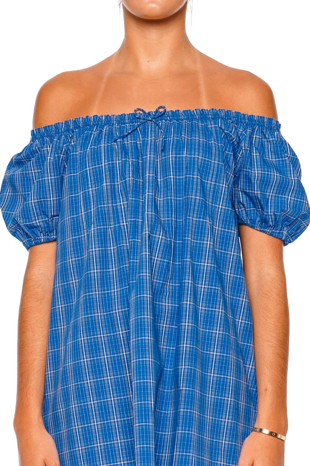 Faithfull The Brand Costa Cobalt Off Shoulder Puff Sleeve Mini Dress