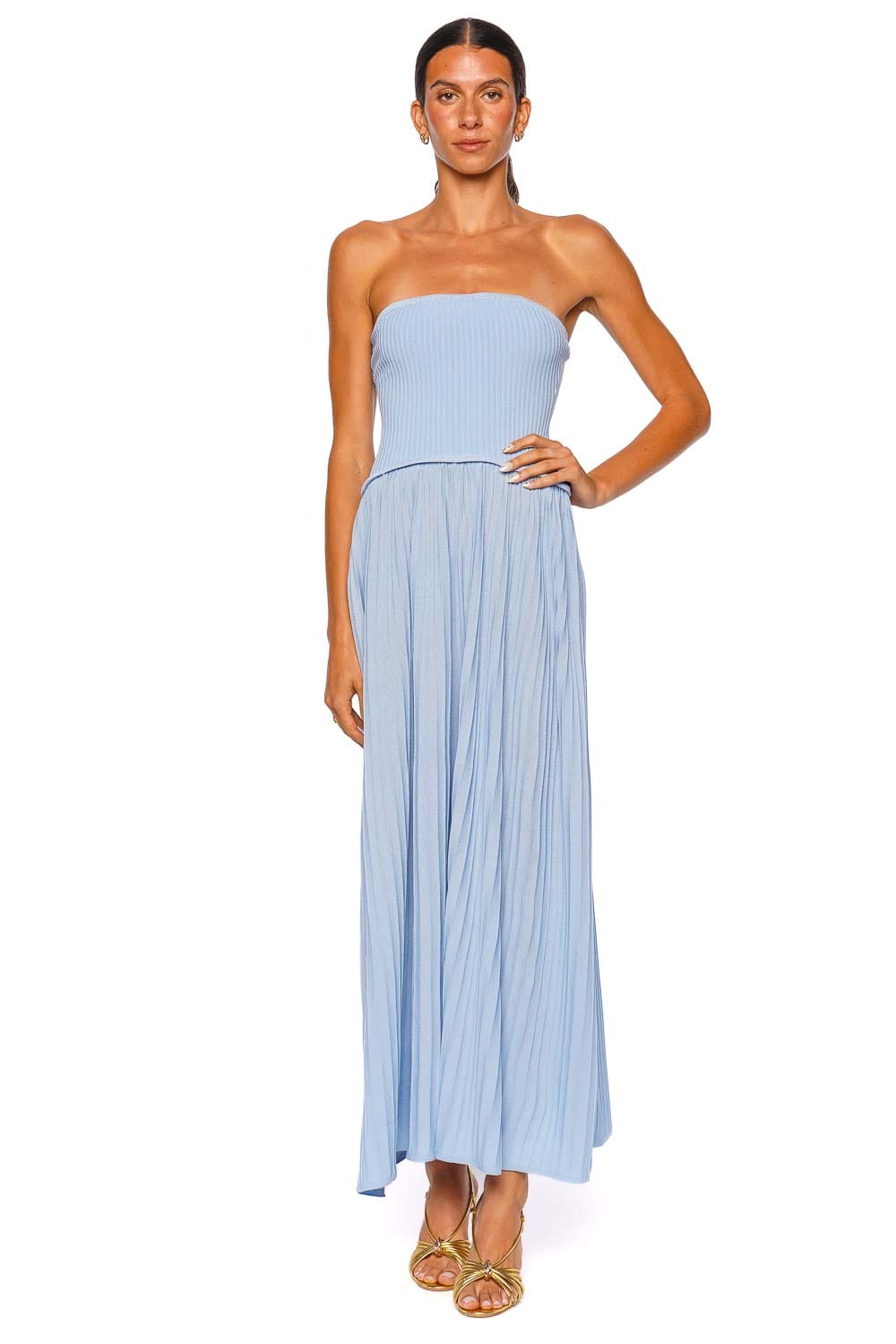 princess polly baby blue dress 663-2 ELARA Corset Maxi Dress with Slit and Back Tie - Sky Blue
