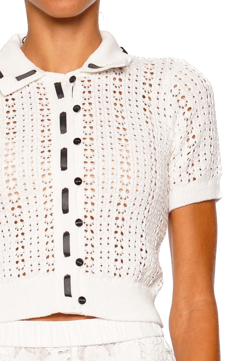 L'AGENCE Ninette Ivory Black Short Sleeve Cropped Cardigan