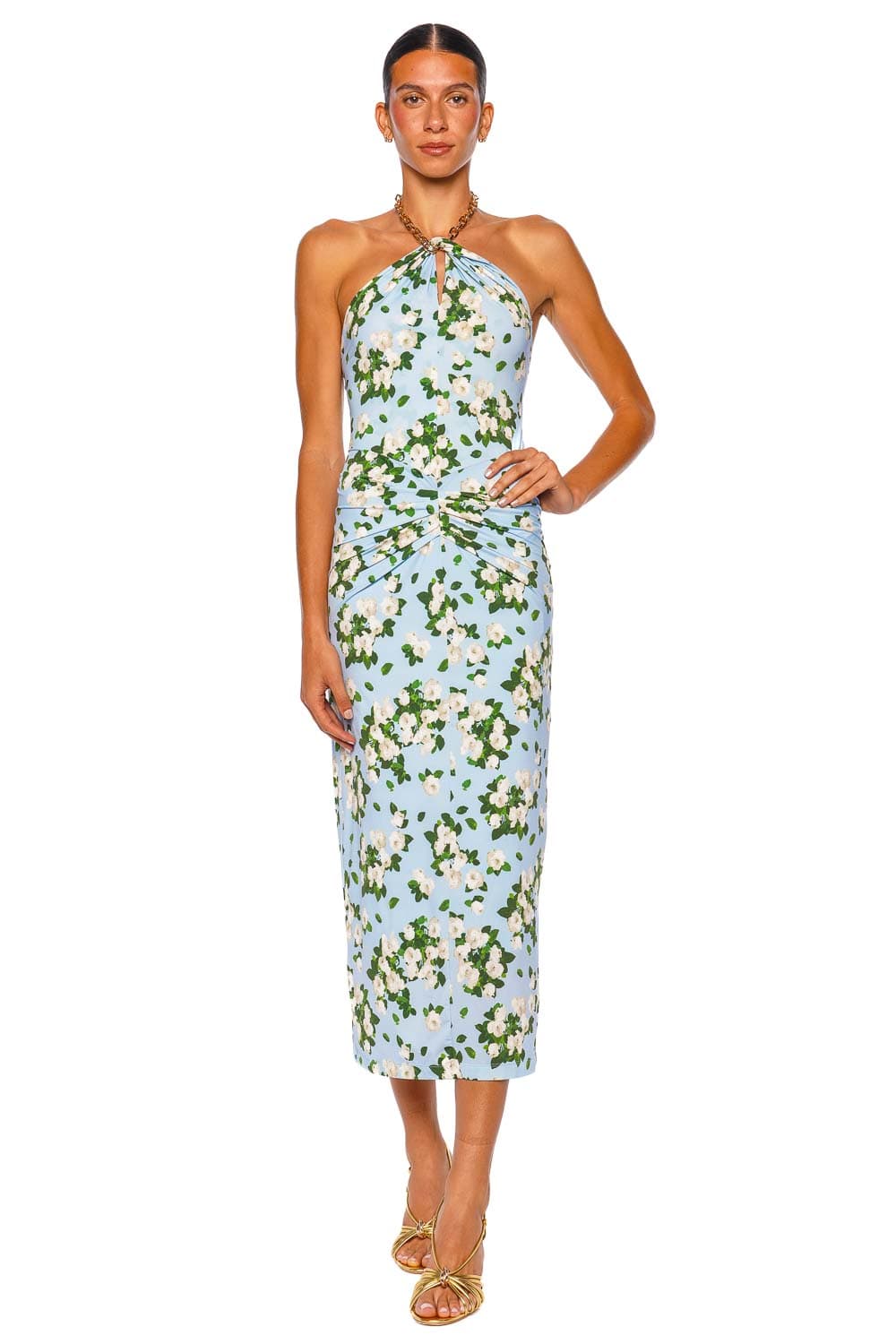 Cloudy Blue Floral Chain Halter Midi Dress Cloudy Blue Floral Chain Halter Midi Dress