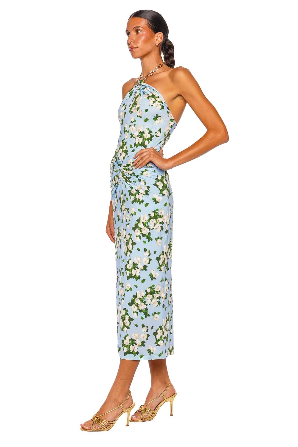 Carolina Herrera Halter Neck Draped Dress Cloudy Blue Floral Halter Midi Dress