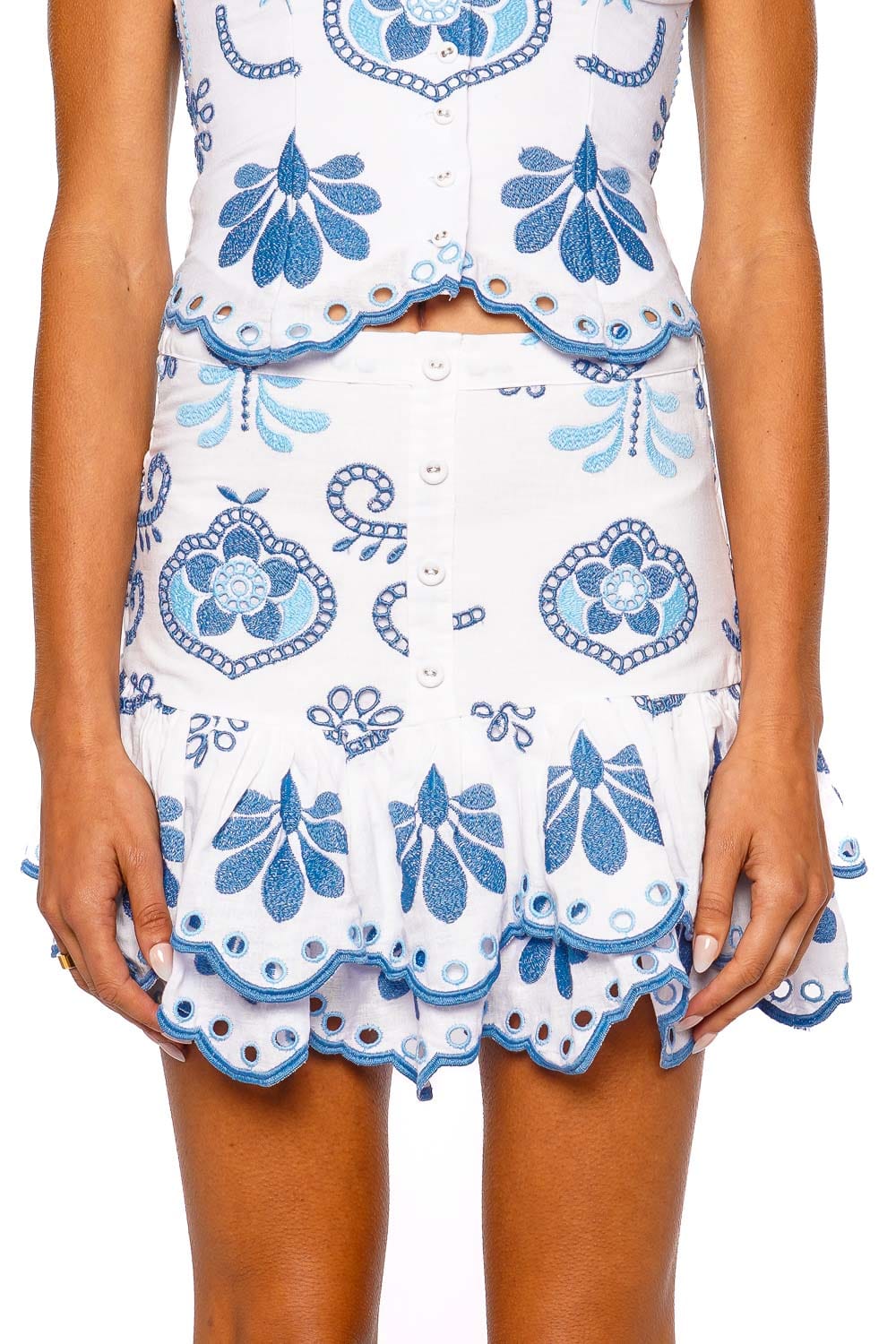 CHARO RUIZ IBIZA Leora White and Blue Embroidered Ruffle Mini Skirt