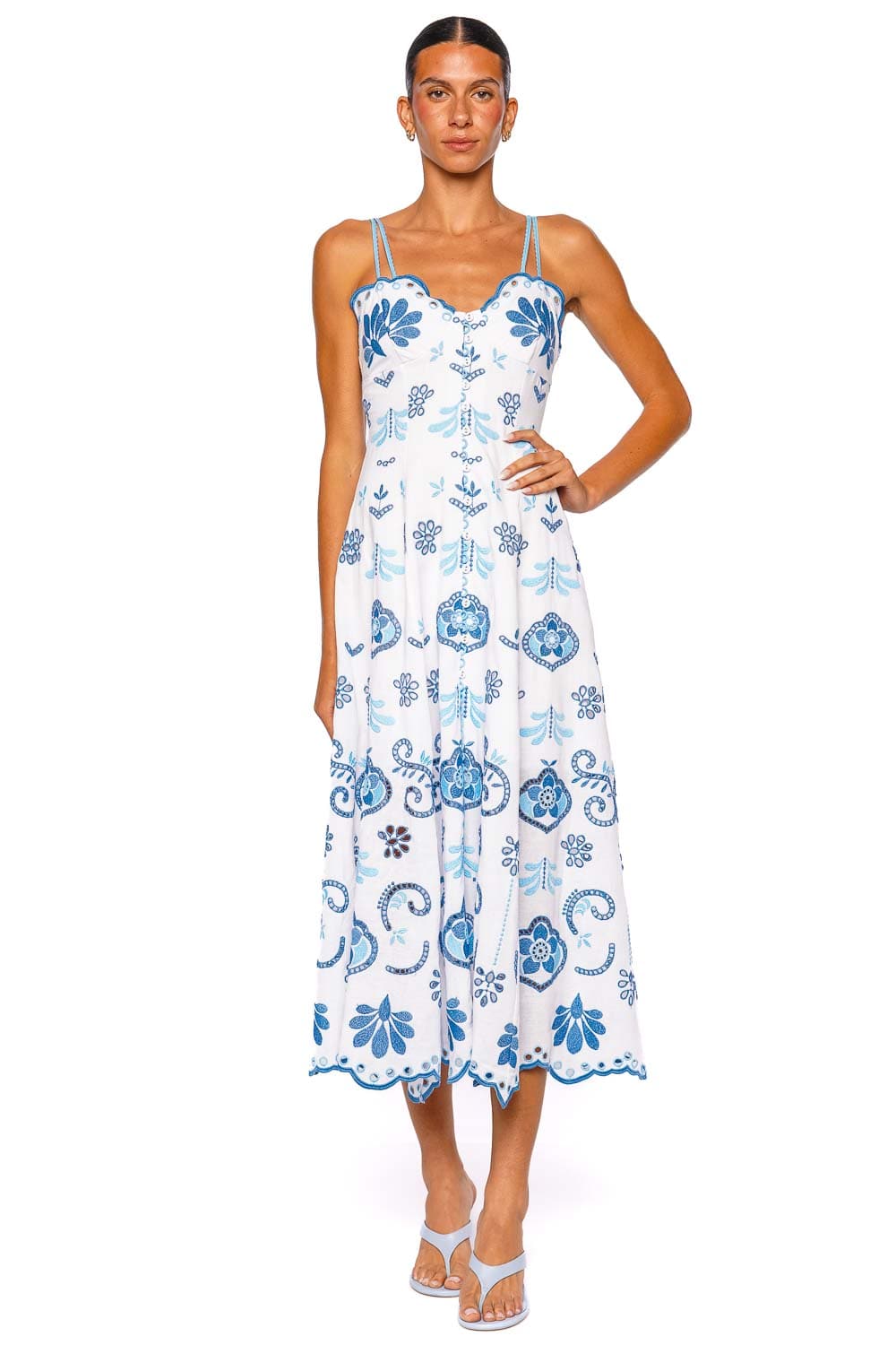 Lorina Blue & White Embroidered Midi Dress Lorina Blue & White Embroidered Midi Dress