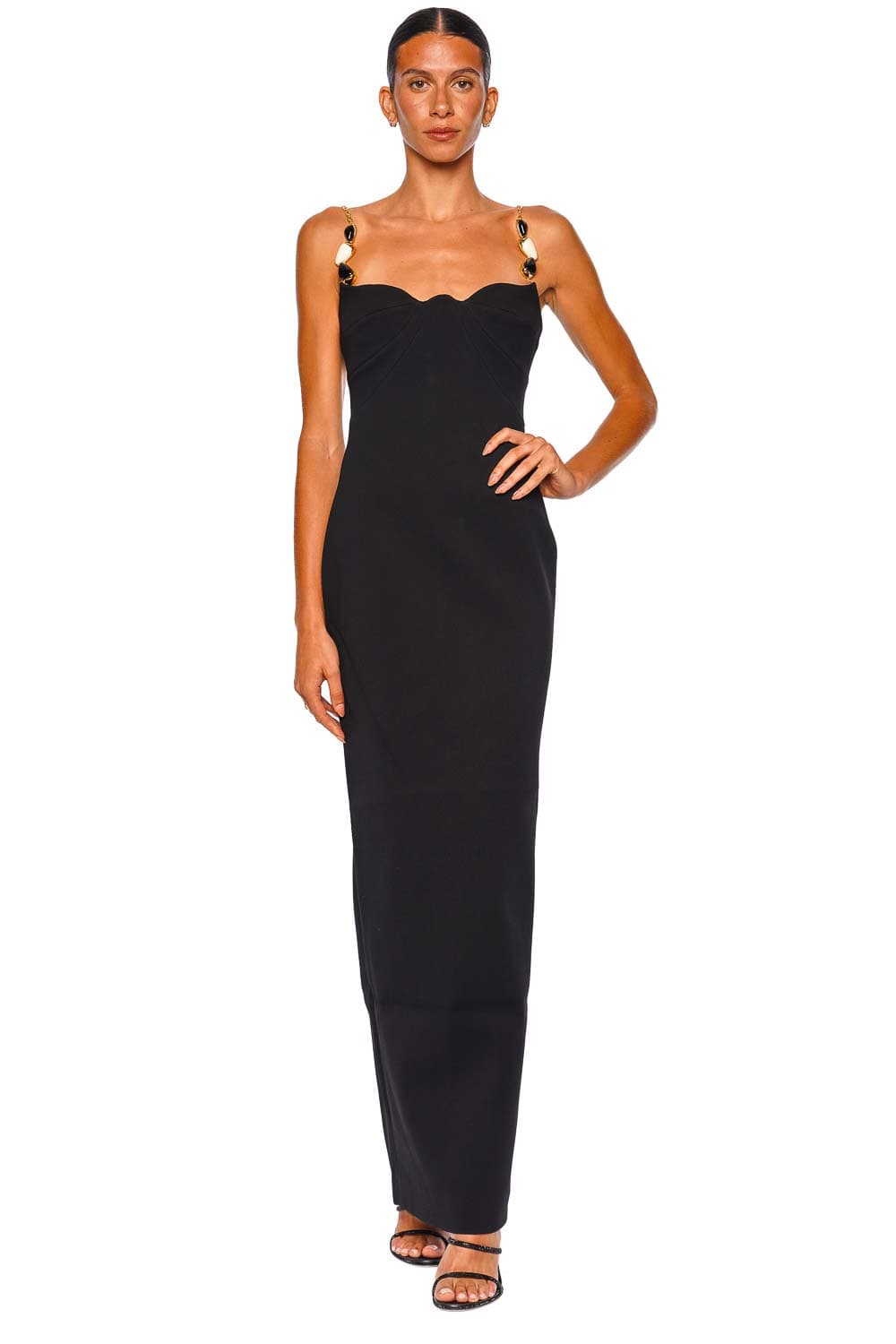 Rachel Gilbert Riccardo Black Beaded Chain Column Gown Rachel Gilbert Riccardo Black Beaded Chain Column Gown