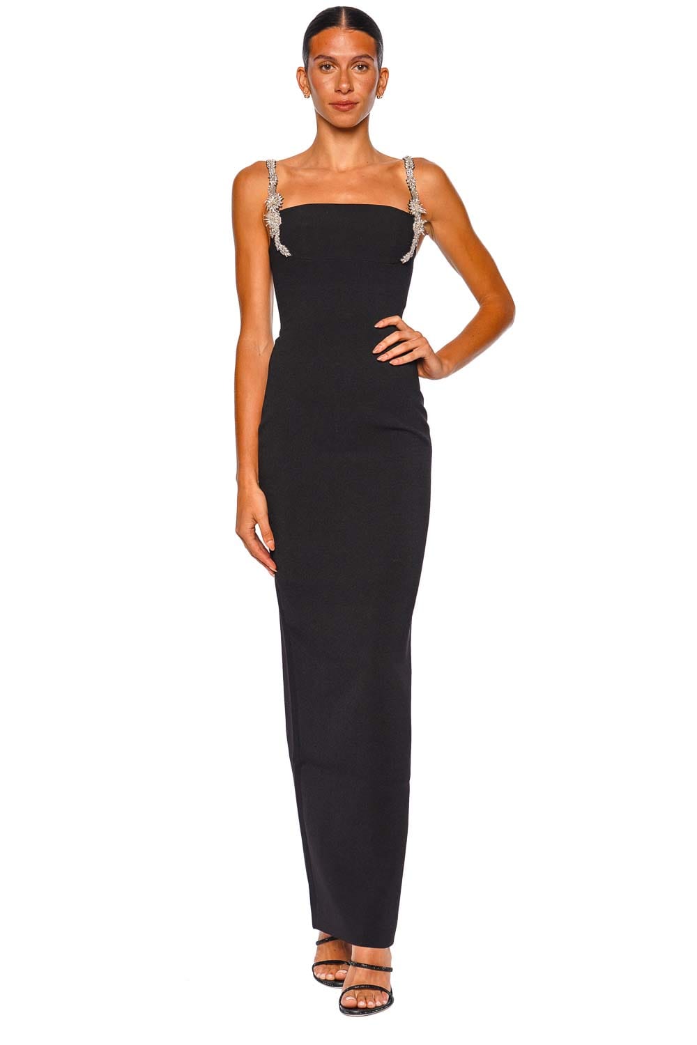 Rachel Gilbert Franca Black Floral Crystal Embellished Column Gown Rachel Gilbert Franca Black Floral Crystal Embellished Column Gown
