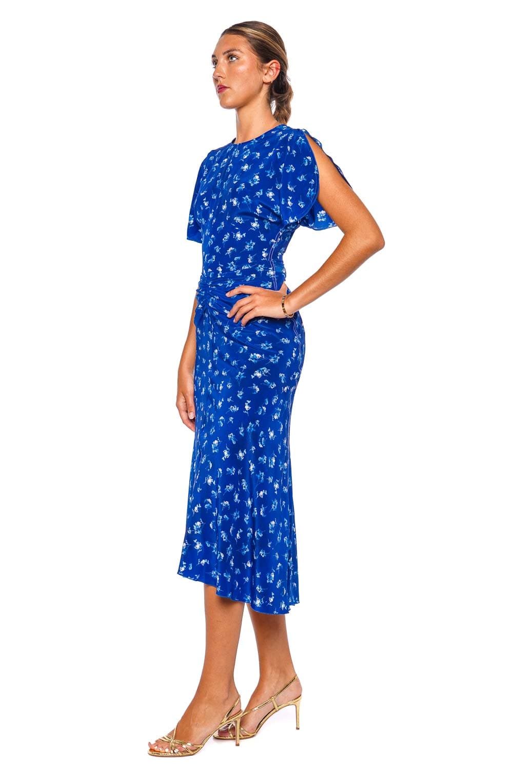 Victoria Beckham Bela Indigo Floral Short Sleeve Midi Dress