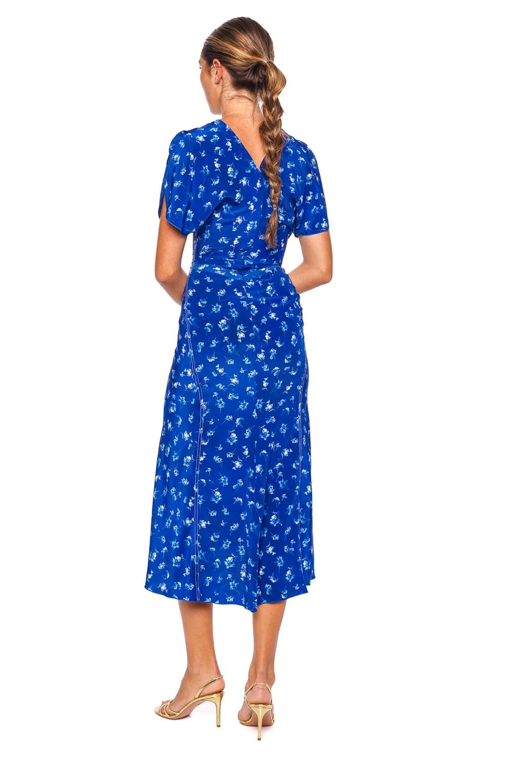 Victoria Beckham Bela Indigo Floral Short Sleeve Midi Dress