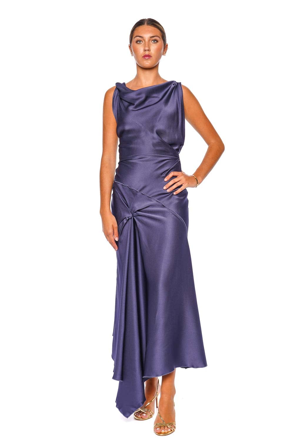 Posy Eclipse Asymmetric Drape Satin Midi Dress