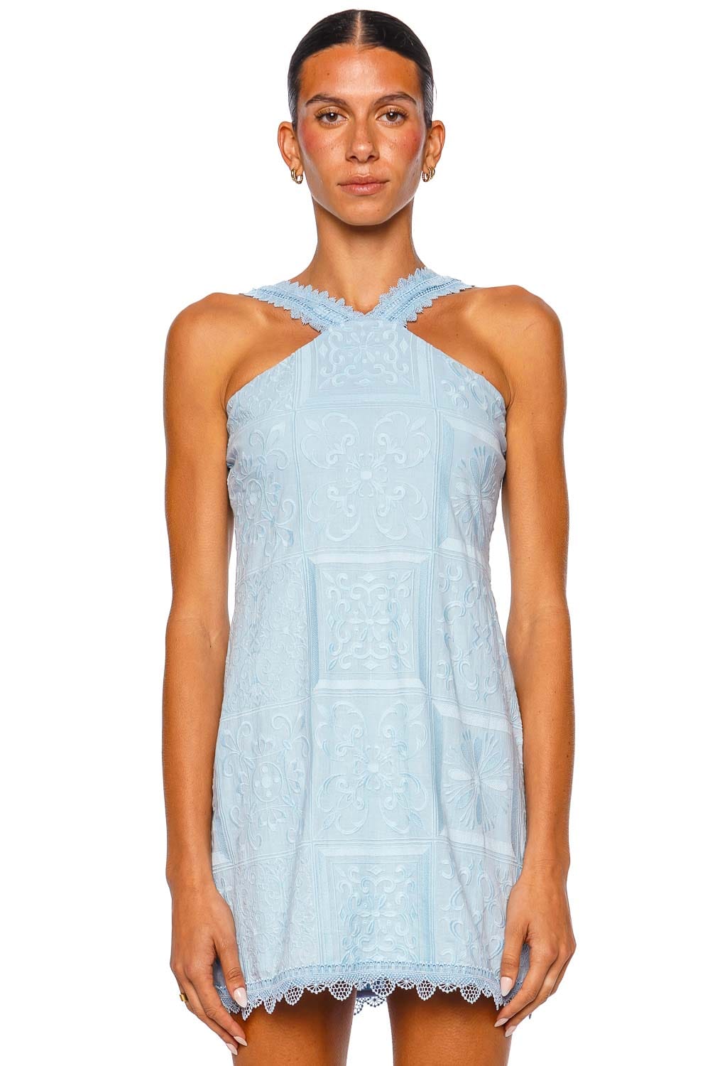 Waimari Lyara Blue Lace Halter Mini Dress