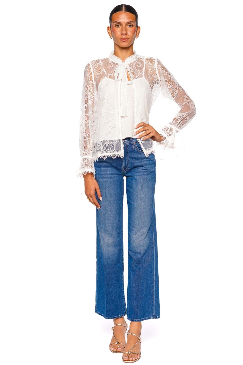 Waimari Ravello White Sheer Lace Tie Collar Top