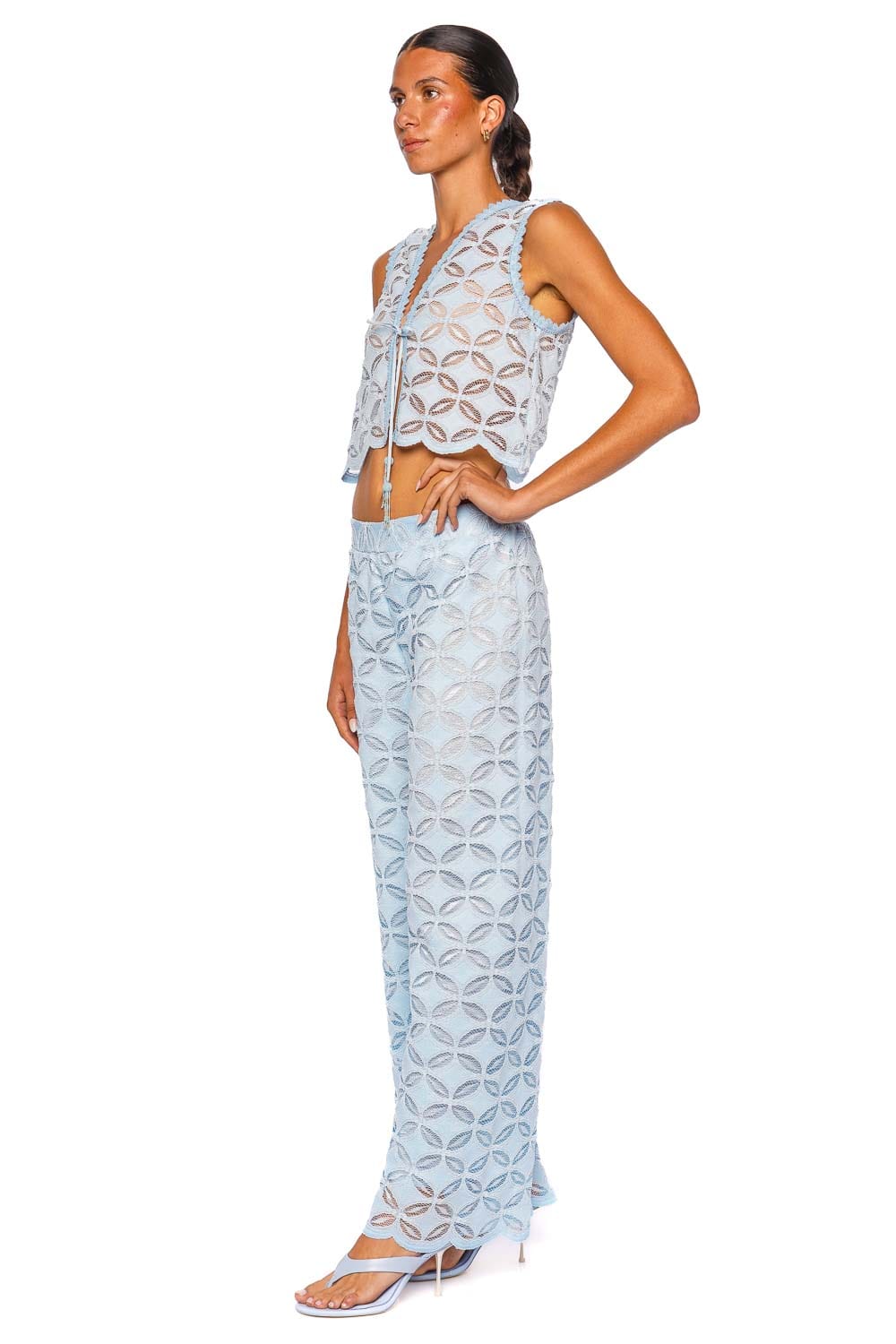 Waimari Toscana Sheer Blue Lace Tie Front Top