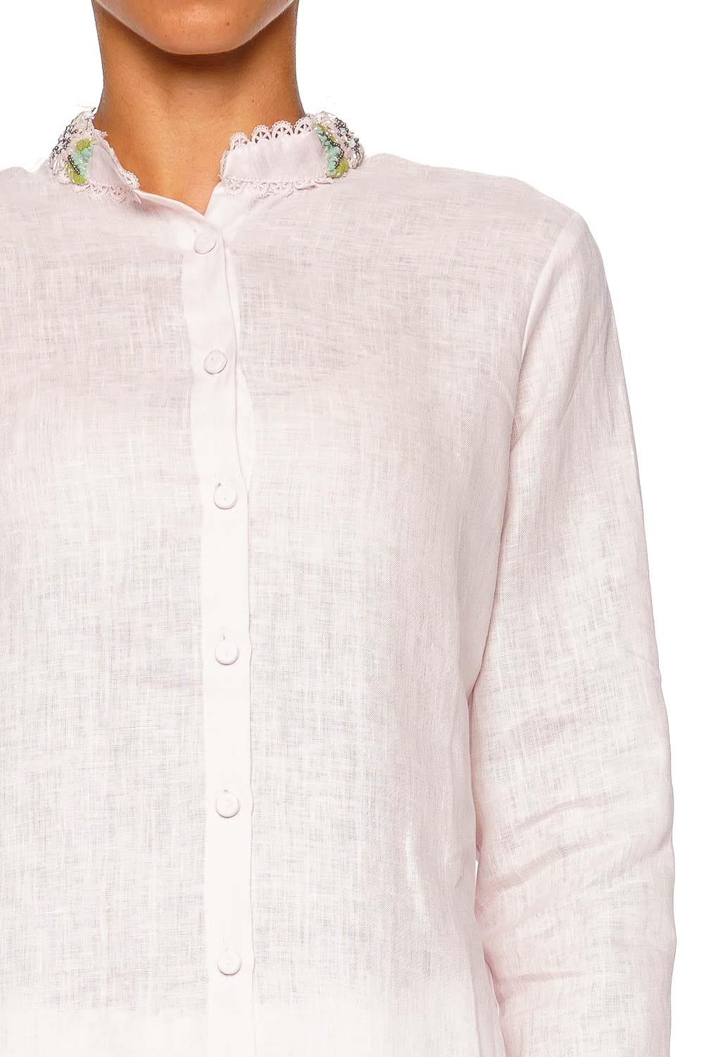 Waimari Capucine Pink Floral Beaded Button Down Shirt