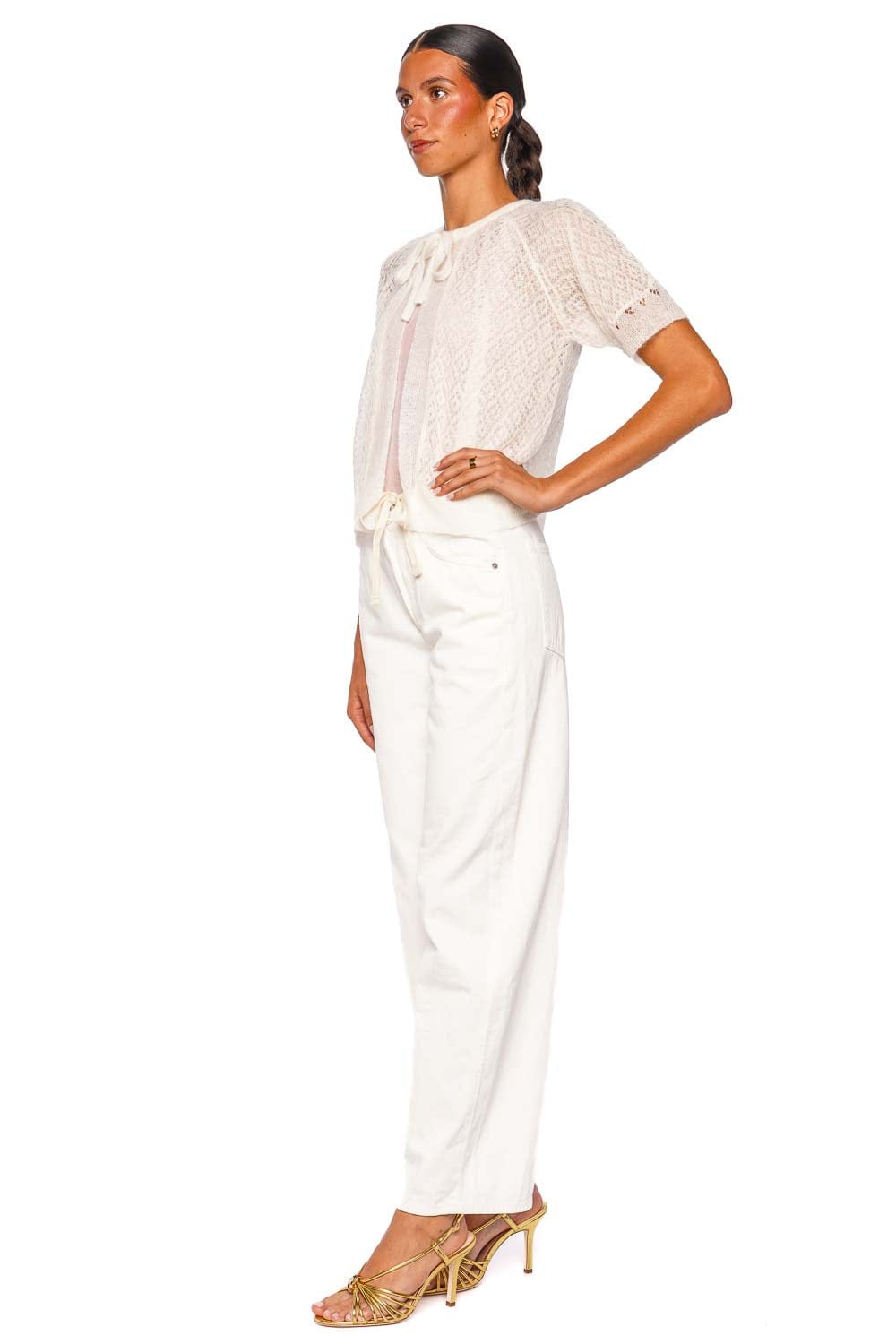 FRAME The Delicate Tie Cream Short Sleeve Sweater