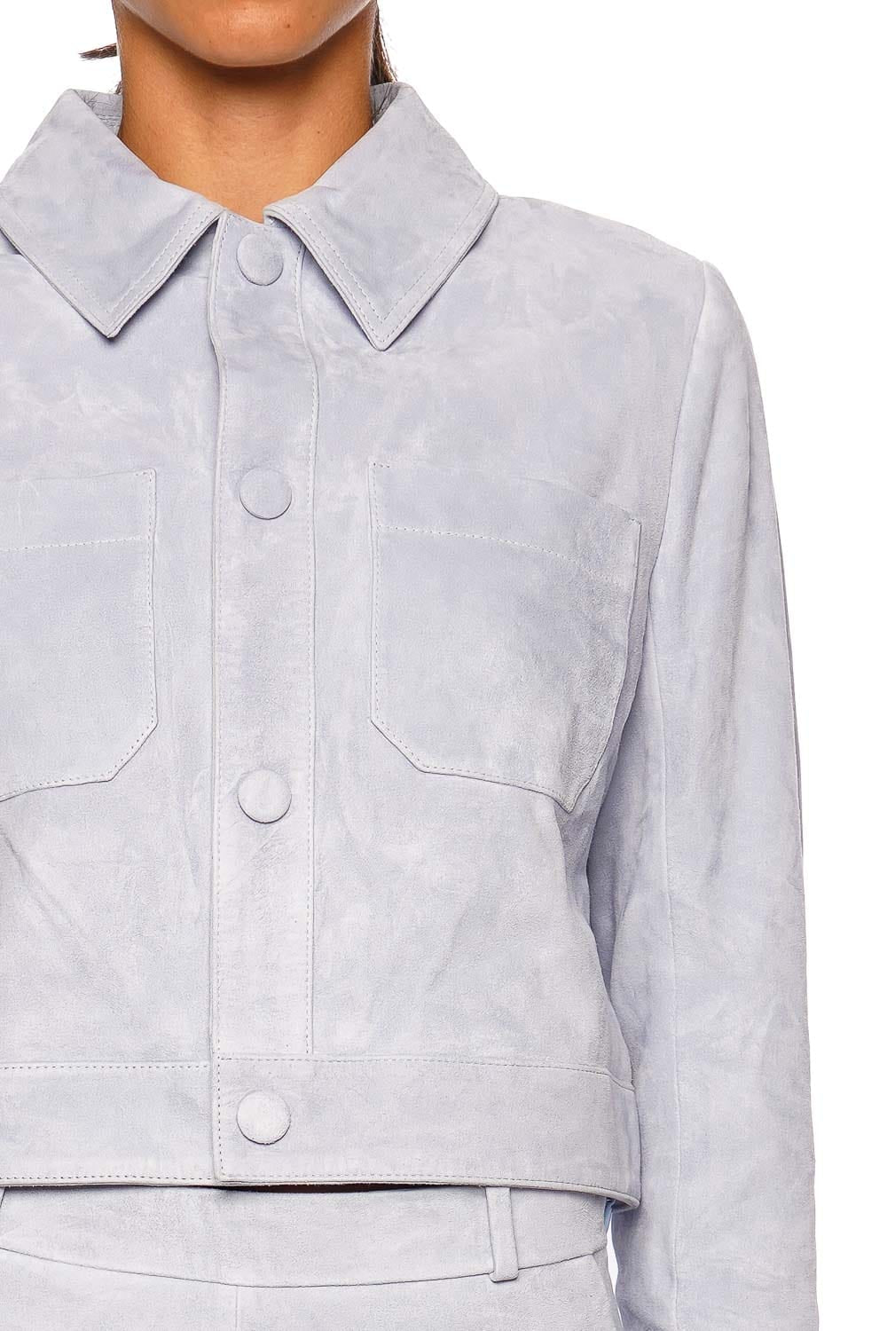 FRAME The Small Suede Jacket Sky Blue Cropped Long Sleeve Jacket