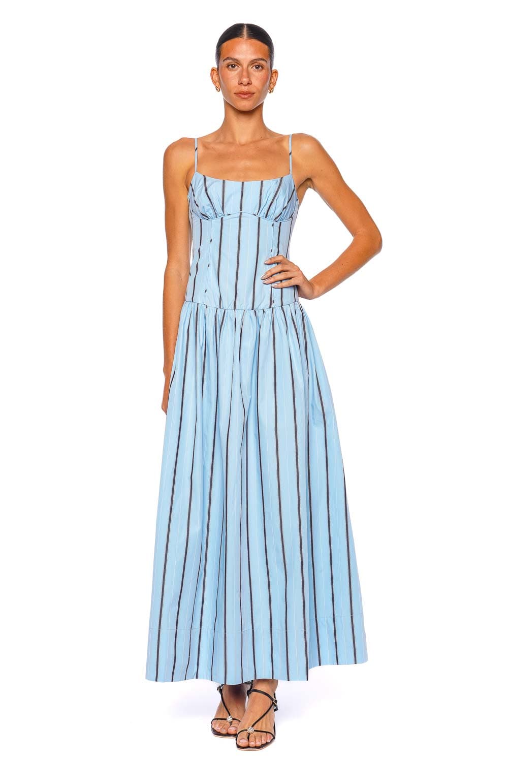 Shona Joy Saxon Panelled Bustier Maxi Dress Blue Stripe Spaghetti Straps