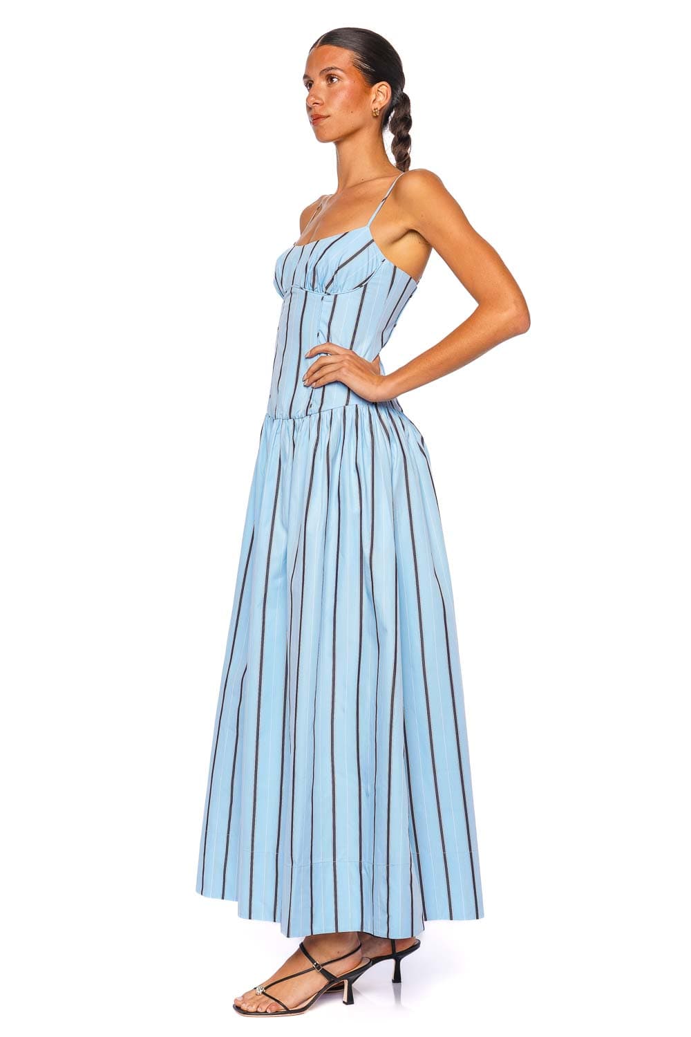 Shona Joy Saxon Panelled Bustier Maxi Dress Blue Stripe Spaghetti Straps
