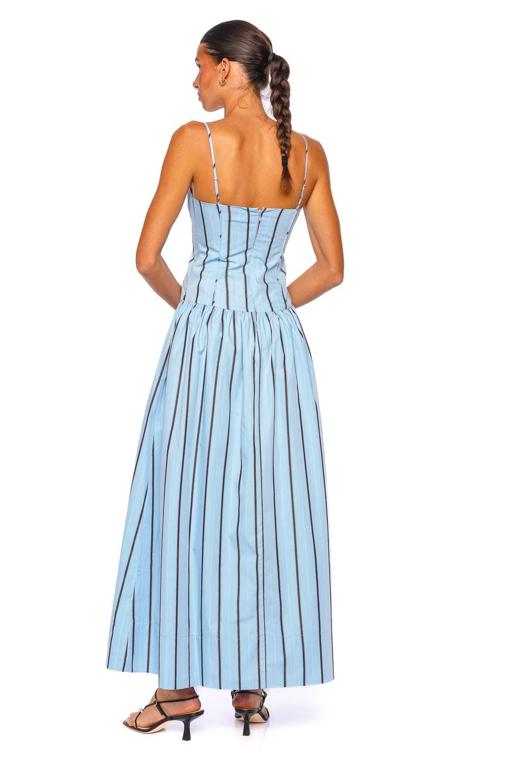 Shona Joy Saxon Panelled Bustier Maxi Dress Blue Stripe Spaghetti Straps