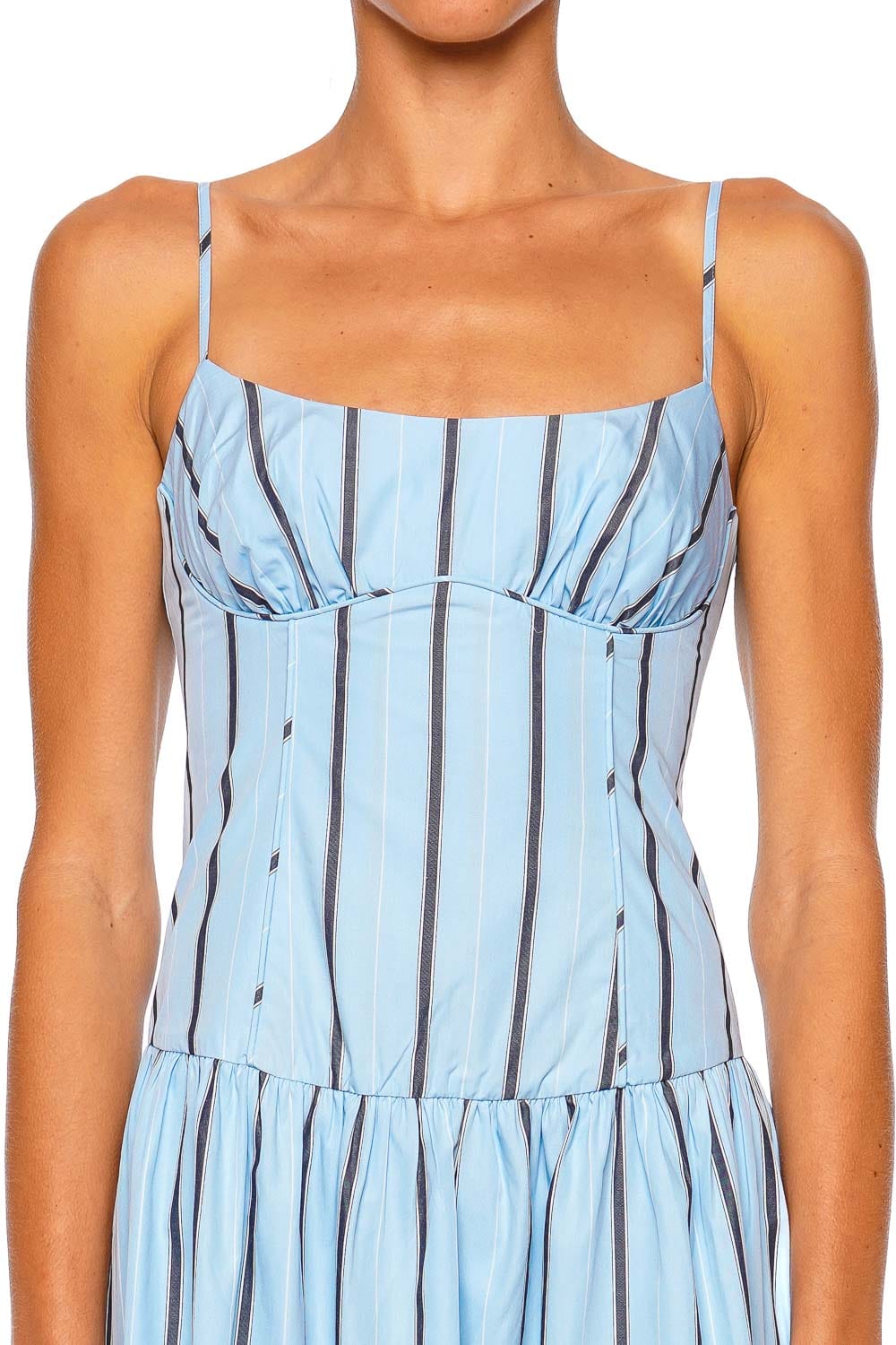 Shona Joy Saxon Panelled Bustier Maxi Dress Blue Stripe Spaghetti Straps