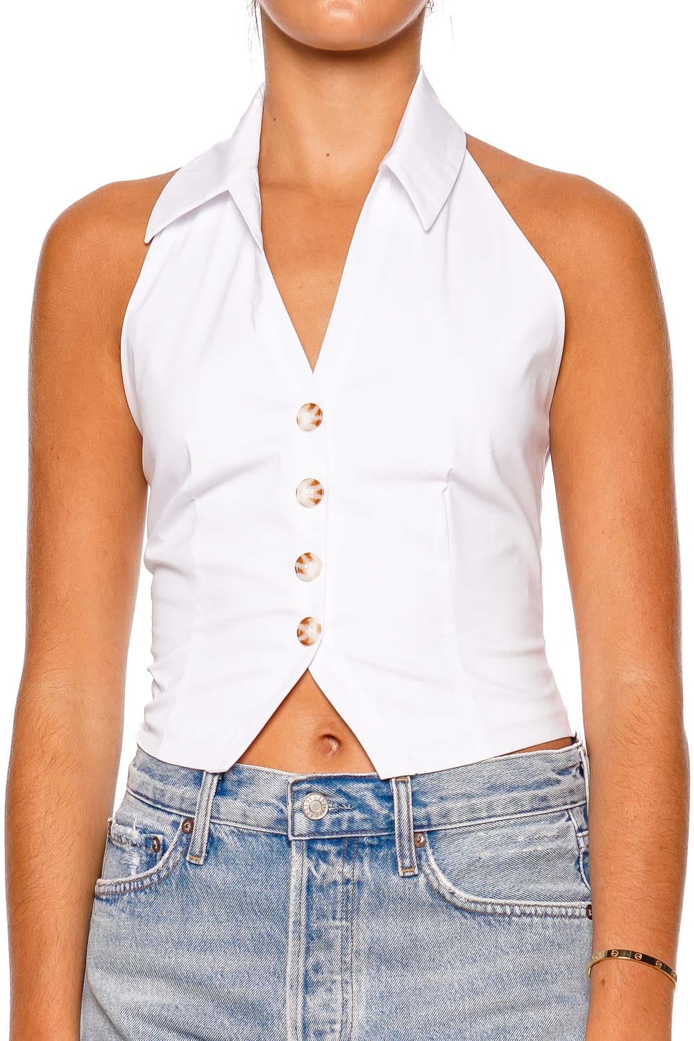 Caroline Constas Karla White Halter Button Up Vest Top