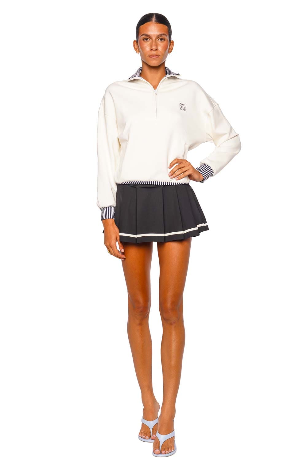 Port de Bras Signature Sweater Chantilly Long Sleeve Quarter Zip Pullover in Ivory and Navy Stripes