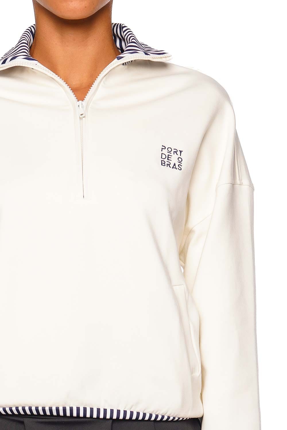 Port de Bras Signature Sweater Chantilly Long Sleeve Quarter Zip Pullover in Ivory and Navy Stripes