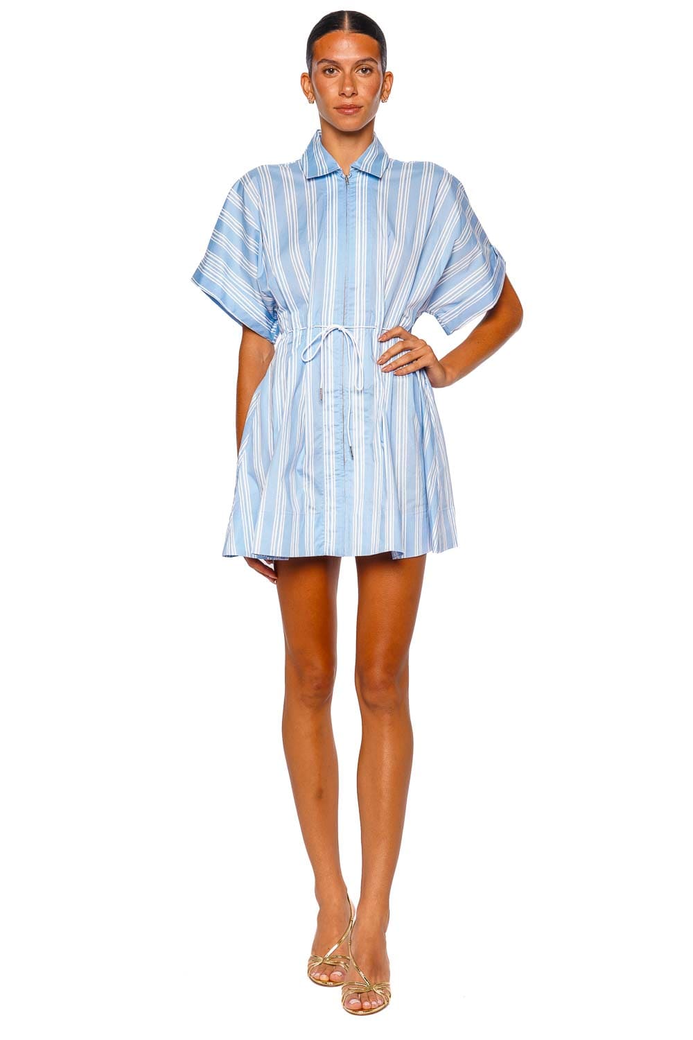 Staud Cori Ventura Stripe Blue Short Sleeve Mini Dress