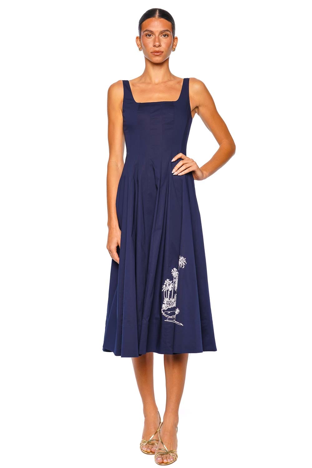 Staud Wells Navy Embroidered Poplin Midi Dress Staud Wells Navy Embroidered Poplin Midi Dress