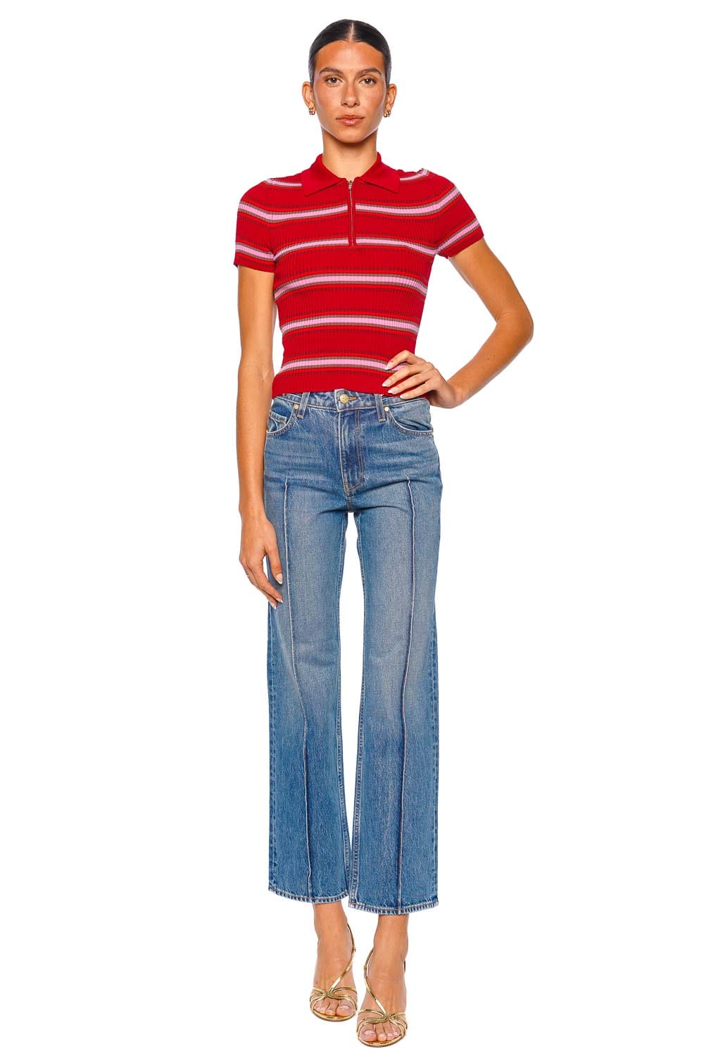 Staud Ren Red Striped Collared Short Sleeve Top