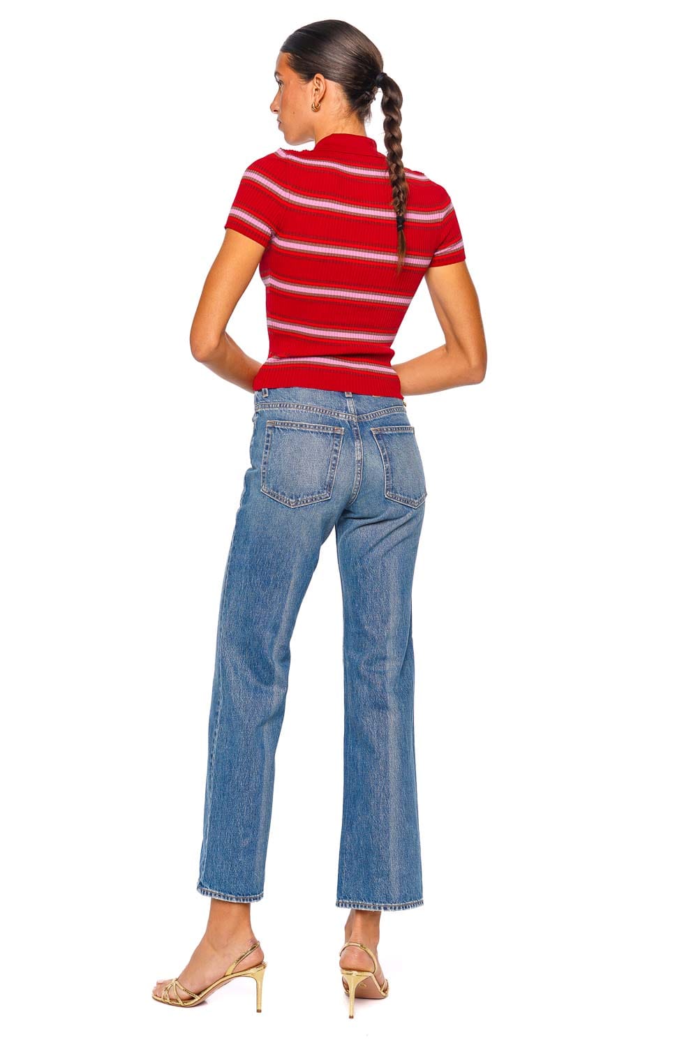Staud Ren Red Striped Collared Short Sleeve Top