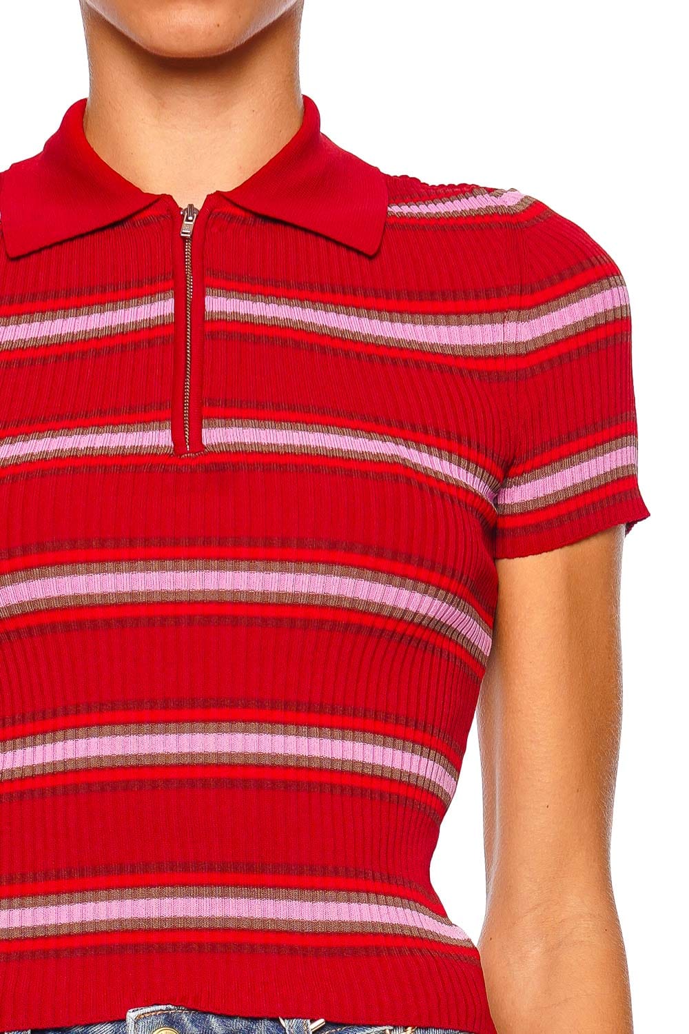 Staud Ren Red Striped Collared Short Sleeve Top