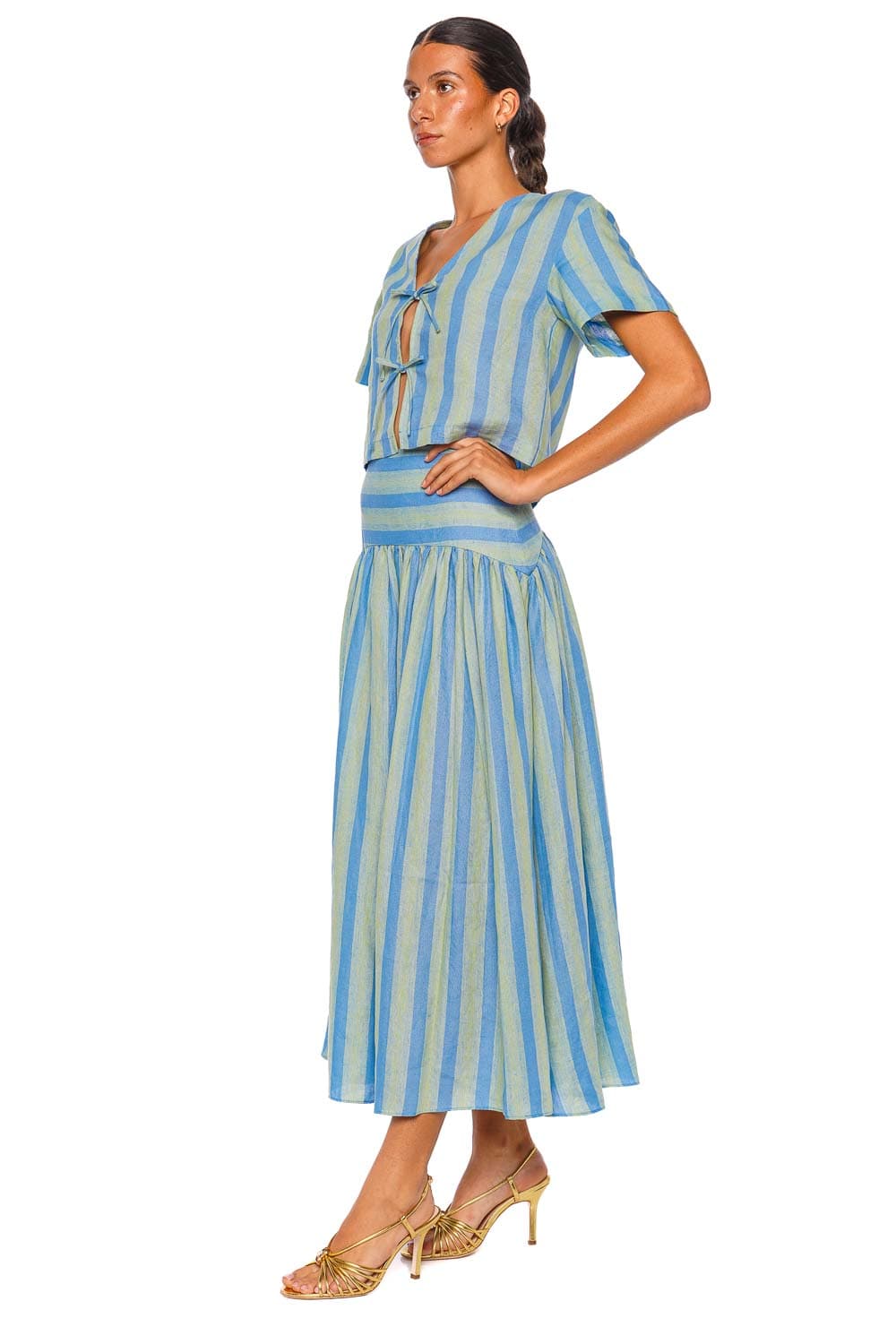 Staud Ava Seaport Stripe Tie Front Linen Top