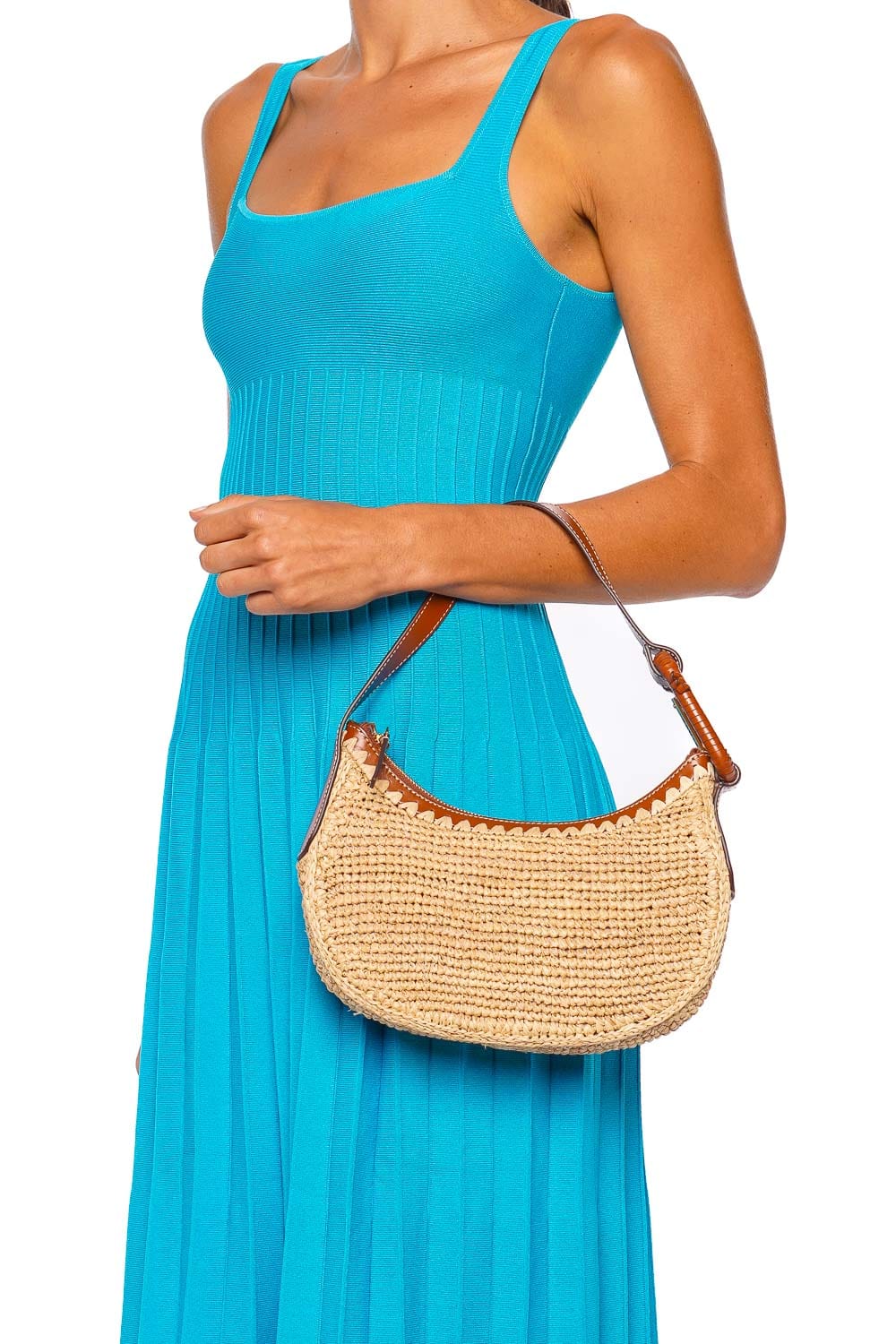 Staud Alden Natural Raffia Leather Trim Shoulder Bag