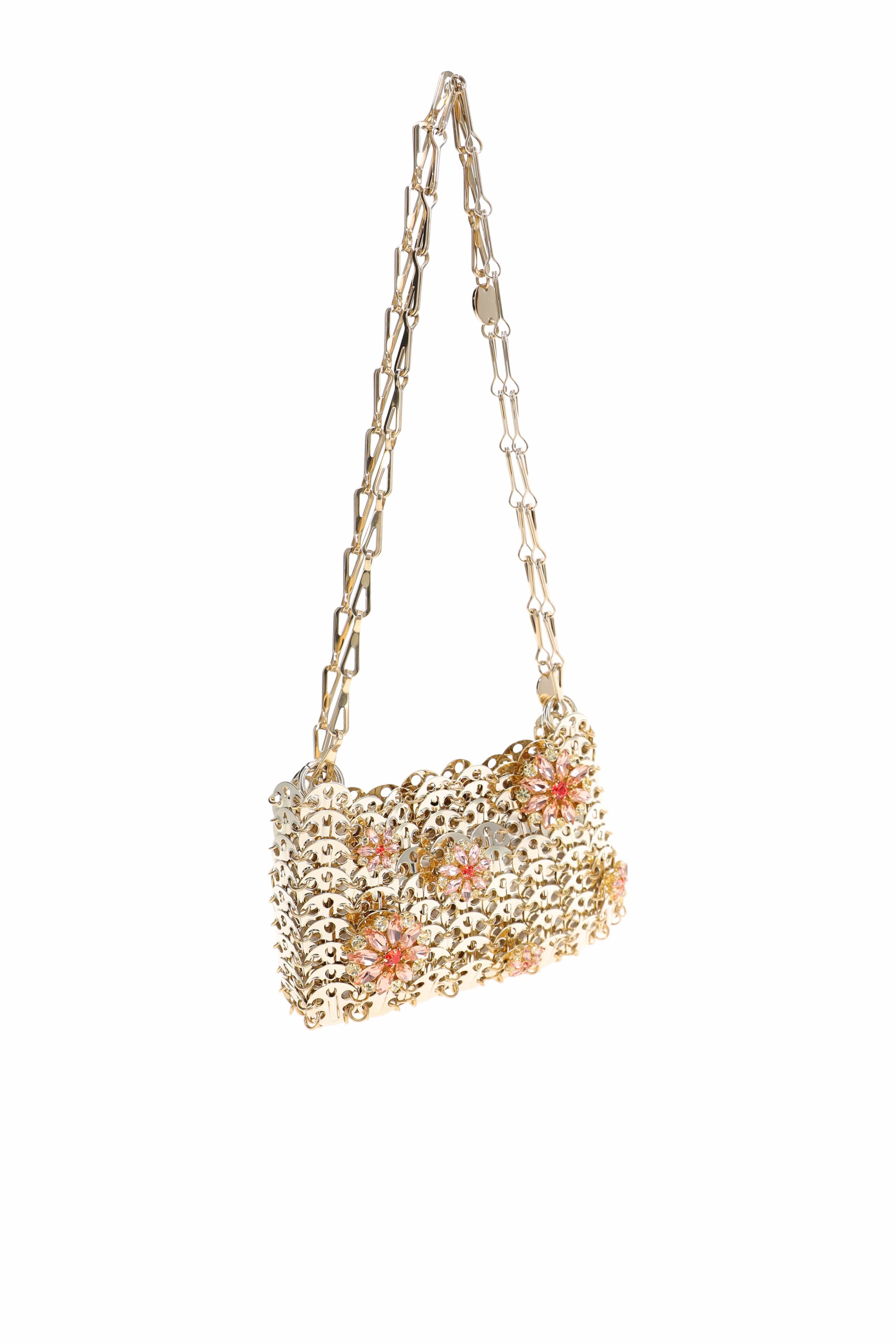 Rabanne 1969 Gold Nano Pink Strass Flower Bag