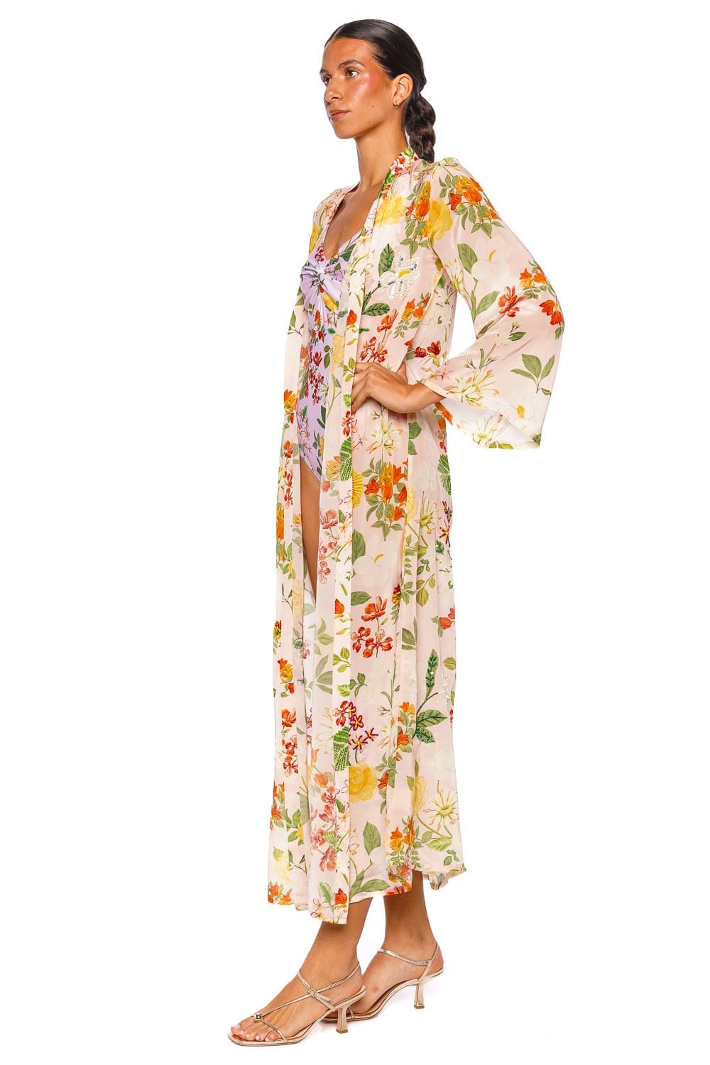 Verandah Hand Beaded Blush Floral Long Sleeve Kimono Kaftan