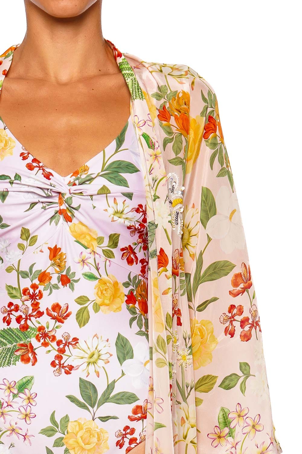 Verandah Hand Beaded Blush Floral Long Sleeve Kimono Kaftan