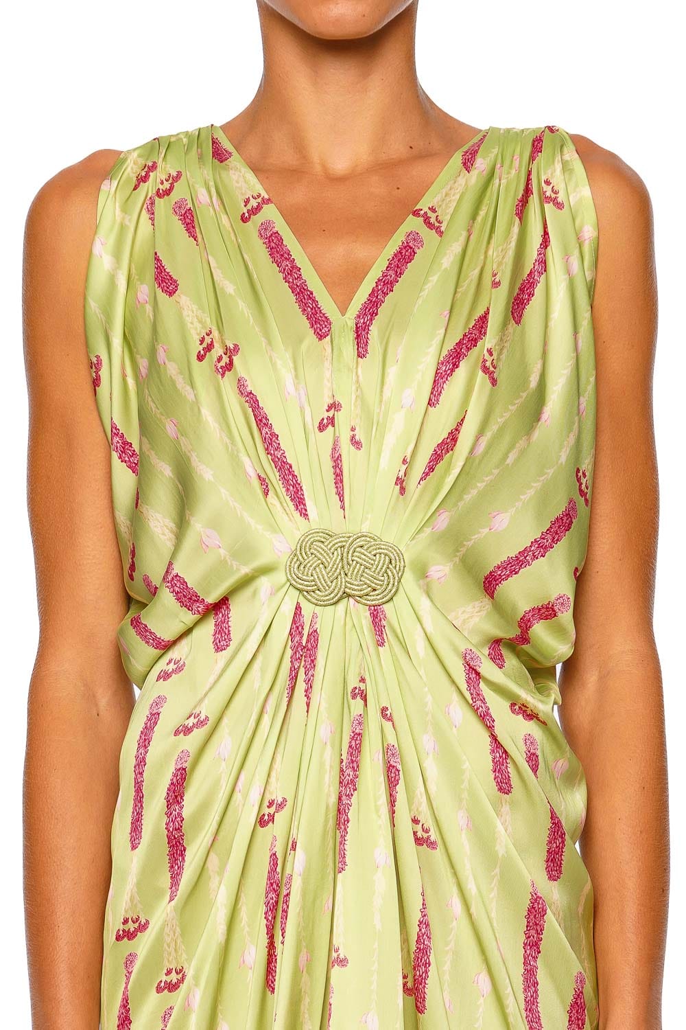 Verandah Hand Draped Sage Green Floral Stripe Sleeveless Mini Dress