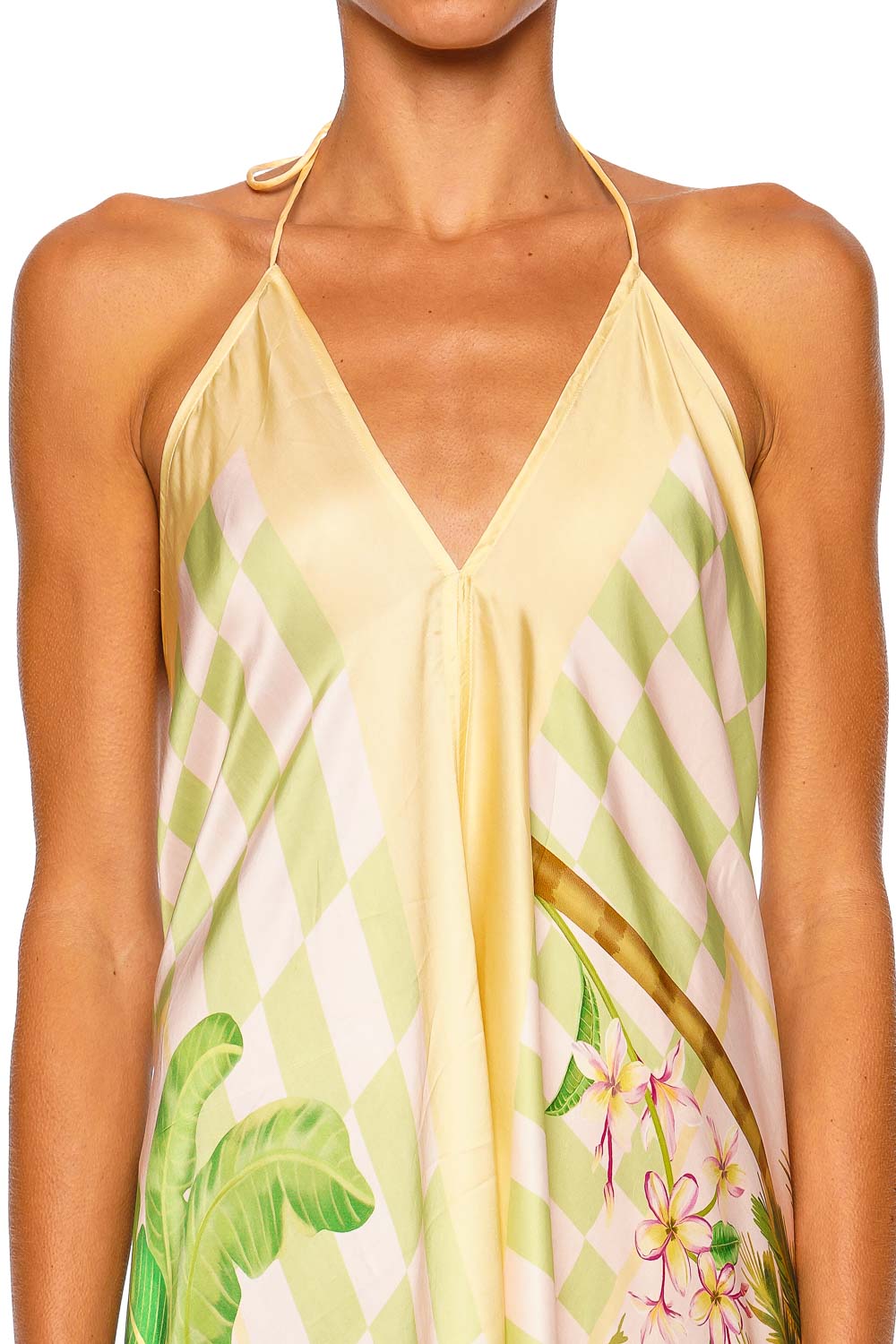 Verandah Handkerchief Mini Dress Blush Green Checkered Scarf Halter Mini Dress