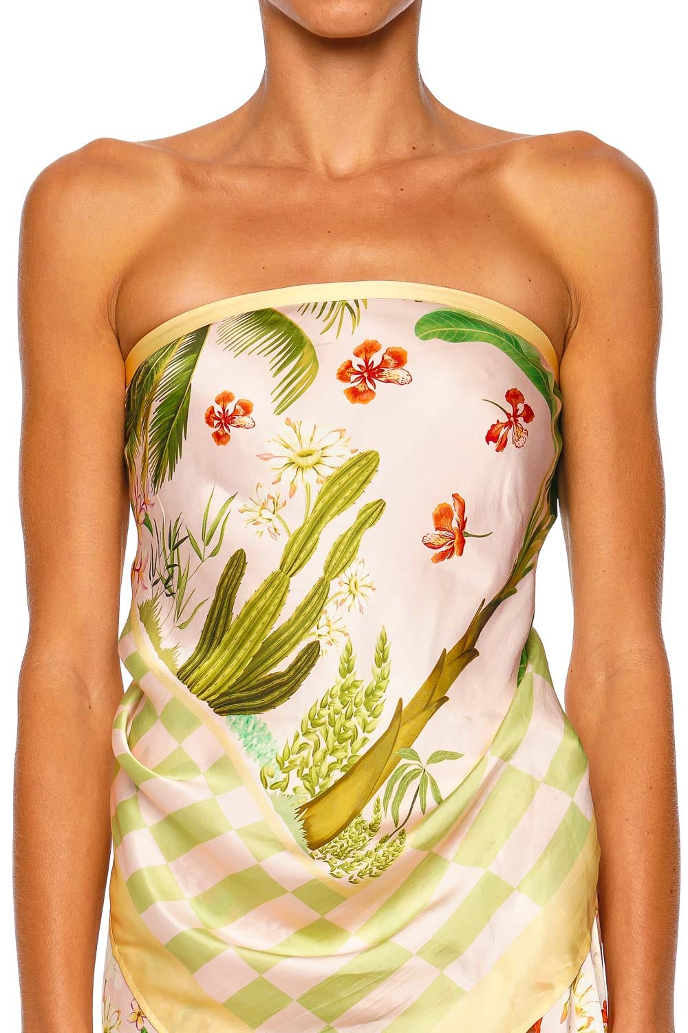 Verandah Lotus Mallipoo Blush Green Strapless Scarf Midi Dress