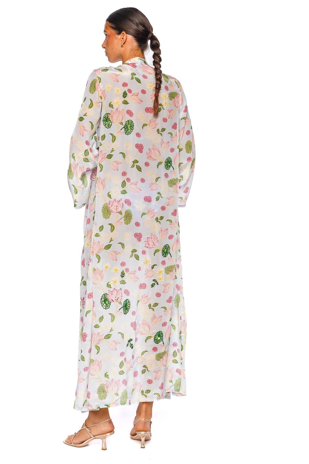 Verandah Hand Beaded Ice Blue Lotus Long Sleeve Maxi Kimono Kaftan