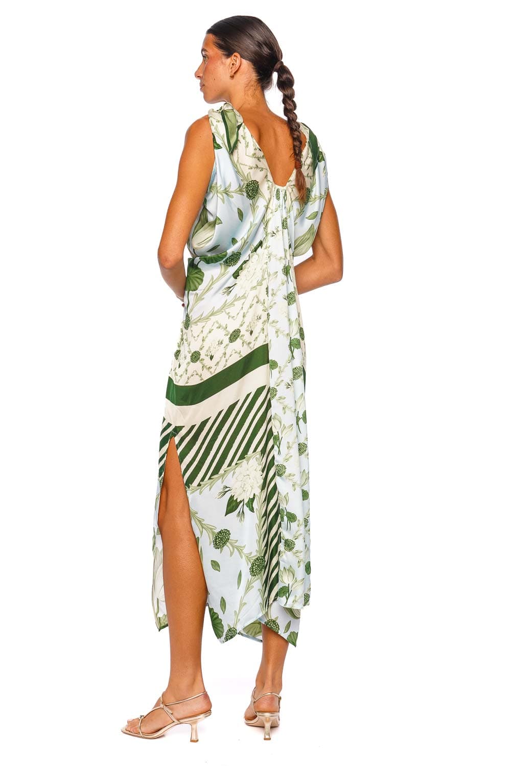 Verandah Hand Knotted Drape Ice Blue Emerald Tie Shoulder Maxi Gown