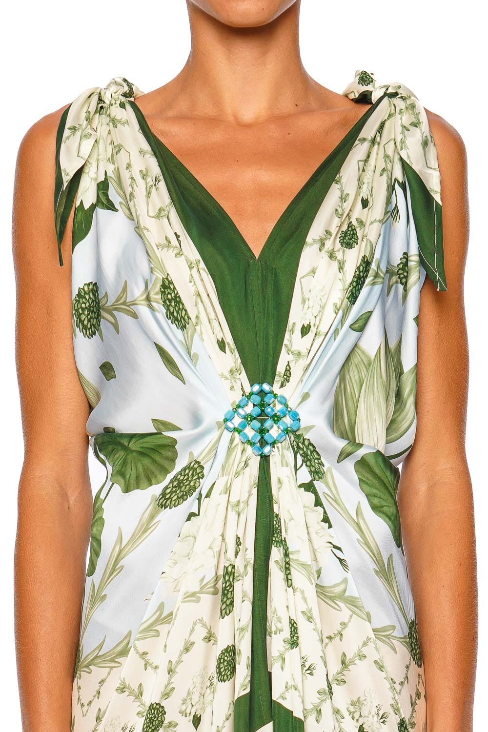 Verandah Hand Knotted Drape Ice Blue Emerald Tie Shoulder Maxi Gown
