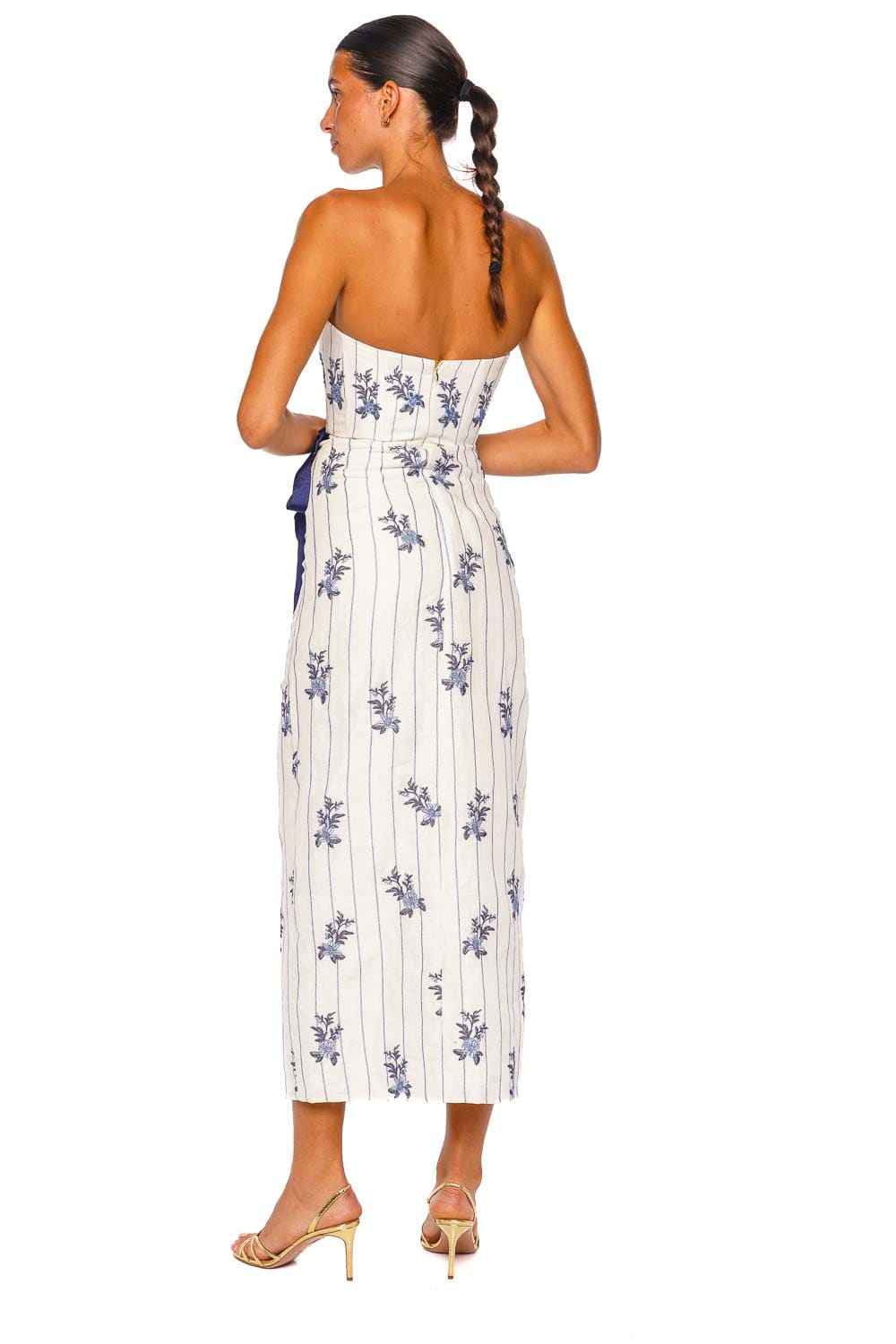 AGUA by Agua Bendita Cinefila Valle White Blue Strapless Midi Dress