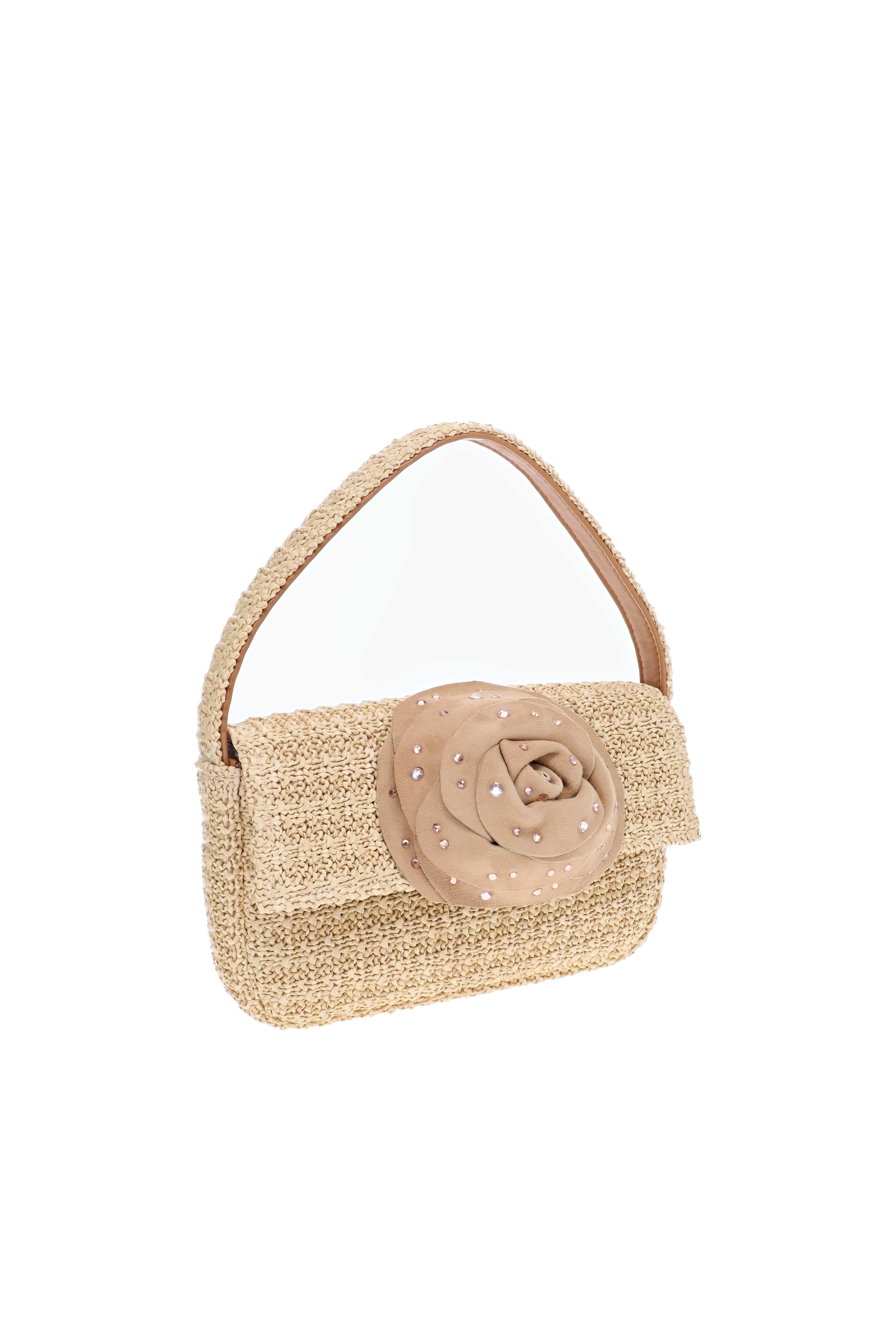 Gedebe Habibi Natural Caramel Mini Flower Raffia Shoulder Bag