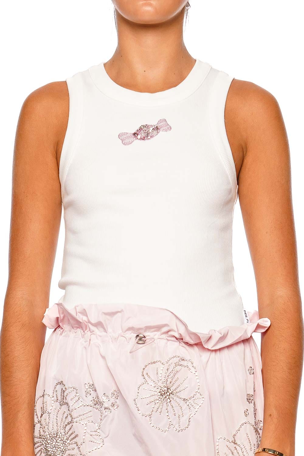 DES_PHEMMES Classic Embellished Off White Sleeveless Tank Top
