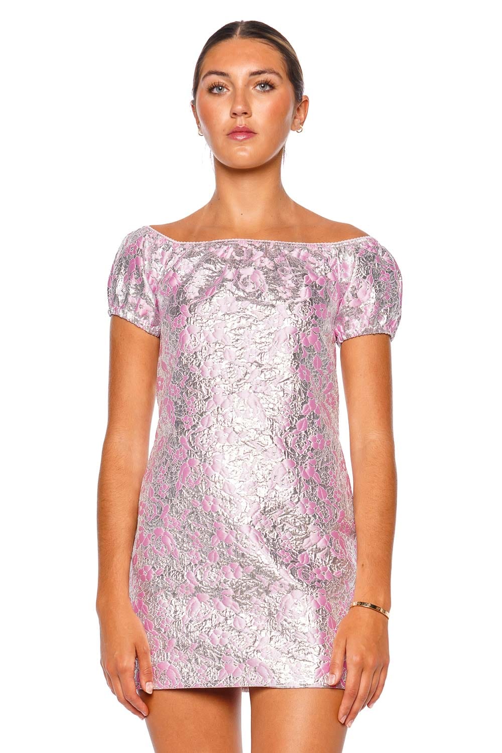 DES_PHEMMES Off Shoulder Mini Dress Silver Candy Pink Short Sleeve Mini Dress