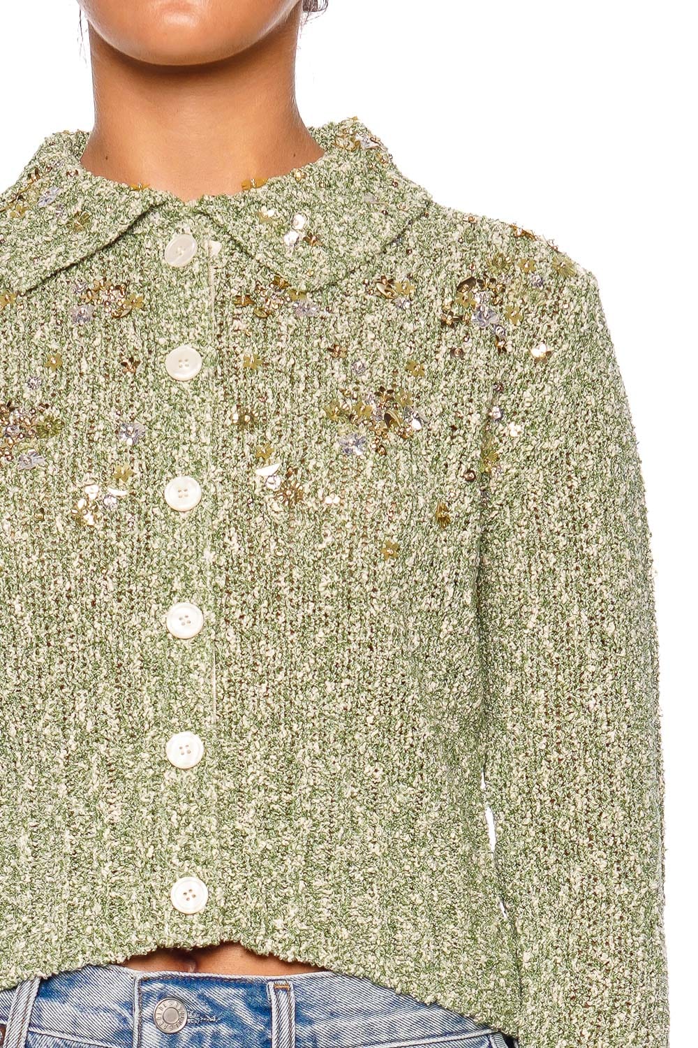 DES_PHEMMES Boucle Cardigan Aqua Vanilla Long Sleeve Cropped Cardigan