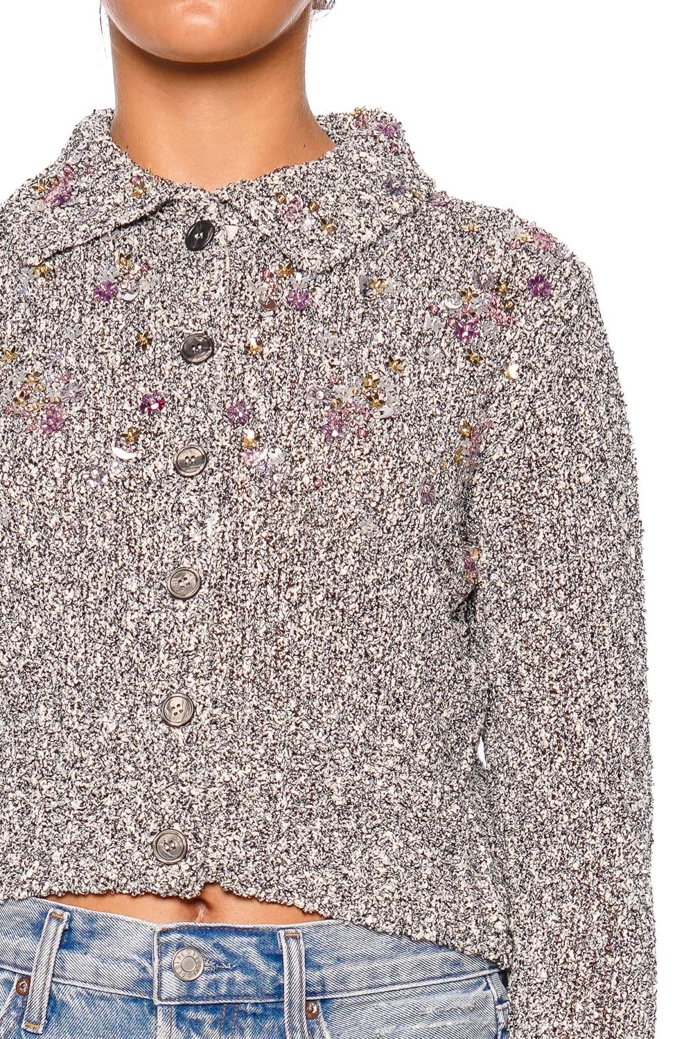 DES_PHEMMES Boucle Cardigan Black Vanilla Long Sleeve Cropped Cardigan