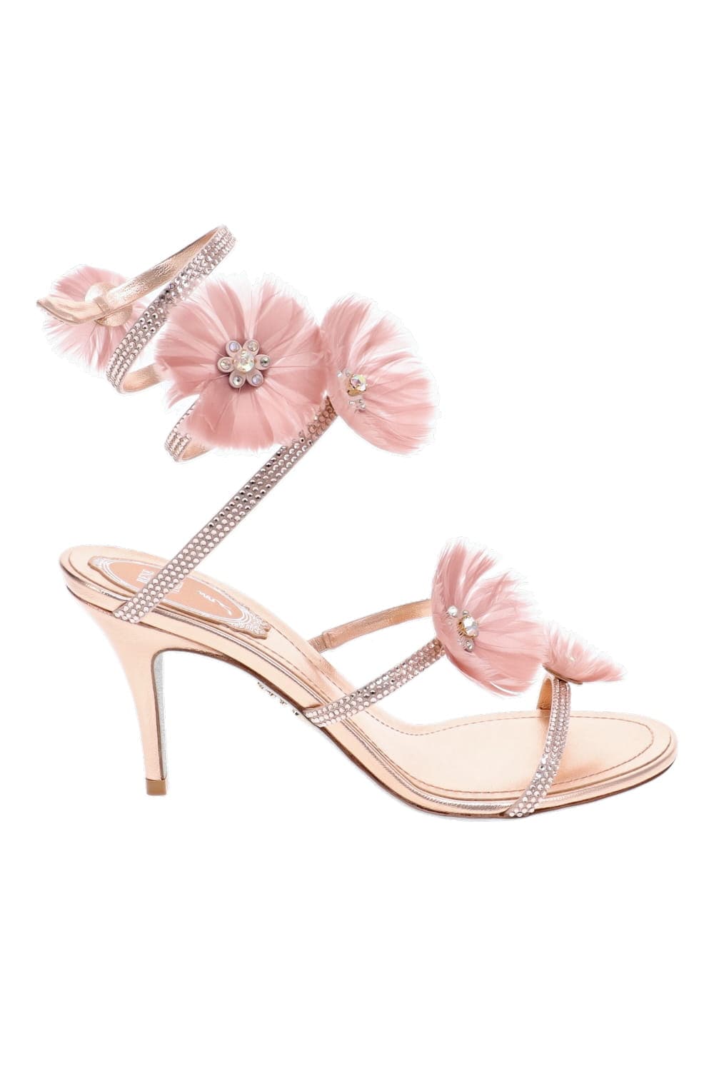 RENE CAOVILLA Pink Floral Light Rose Ankle Wrap Heeled Sandal