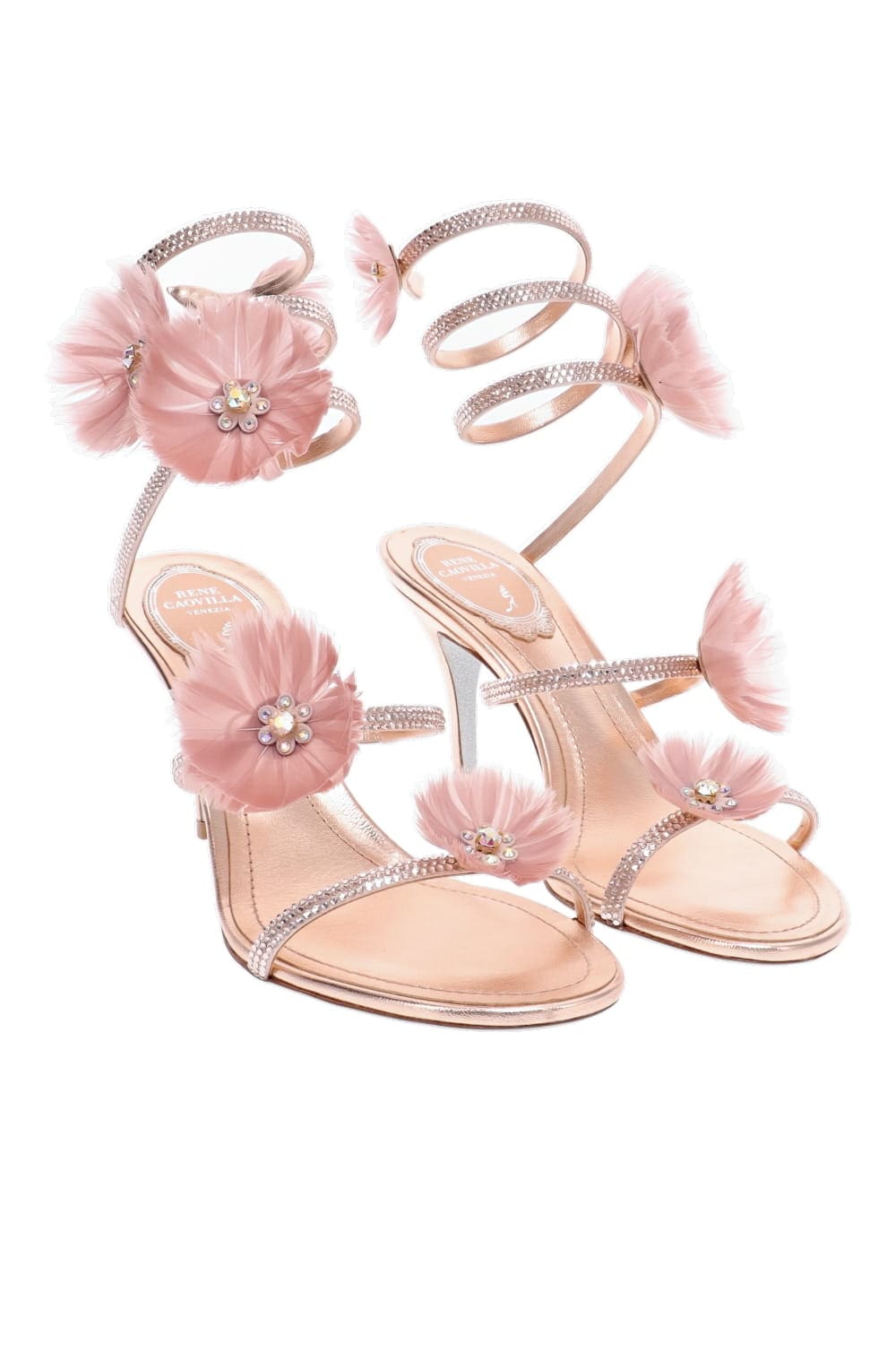 RENE CAOVILLA Pink Floral Light Rose Ankle Wrap Heeled Sandal